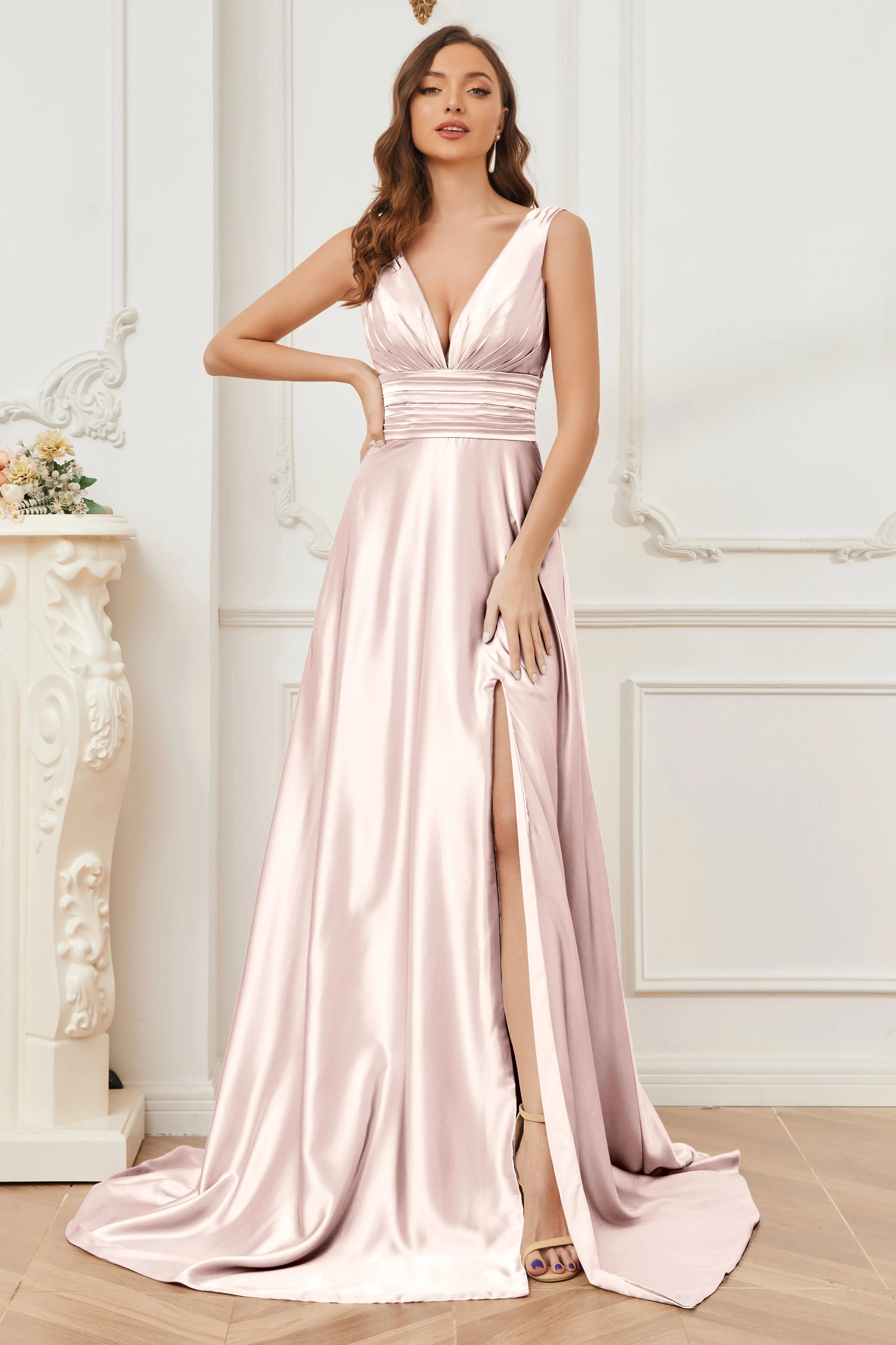 A-line V-neck Sleeveless Soft Satin Long Bridesmaid Dress