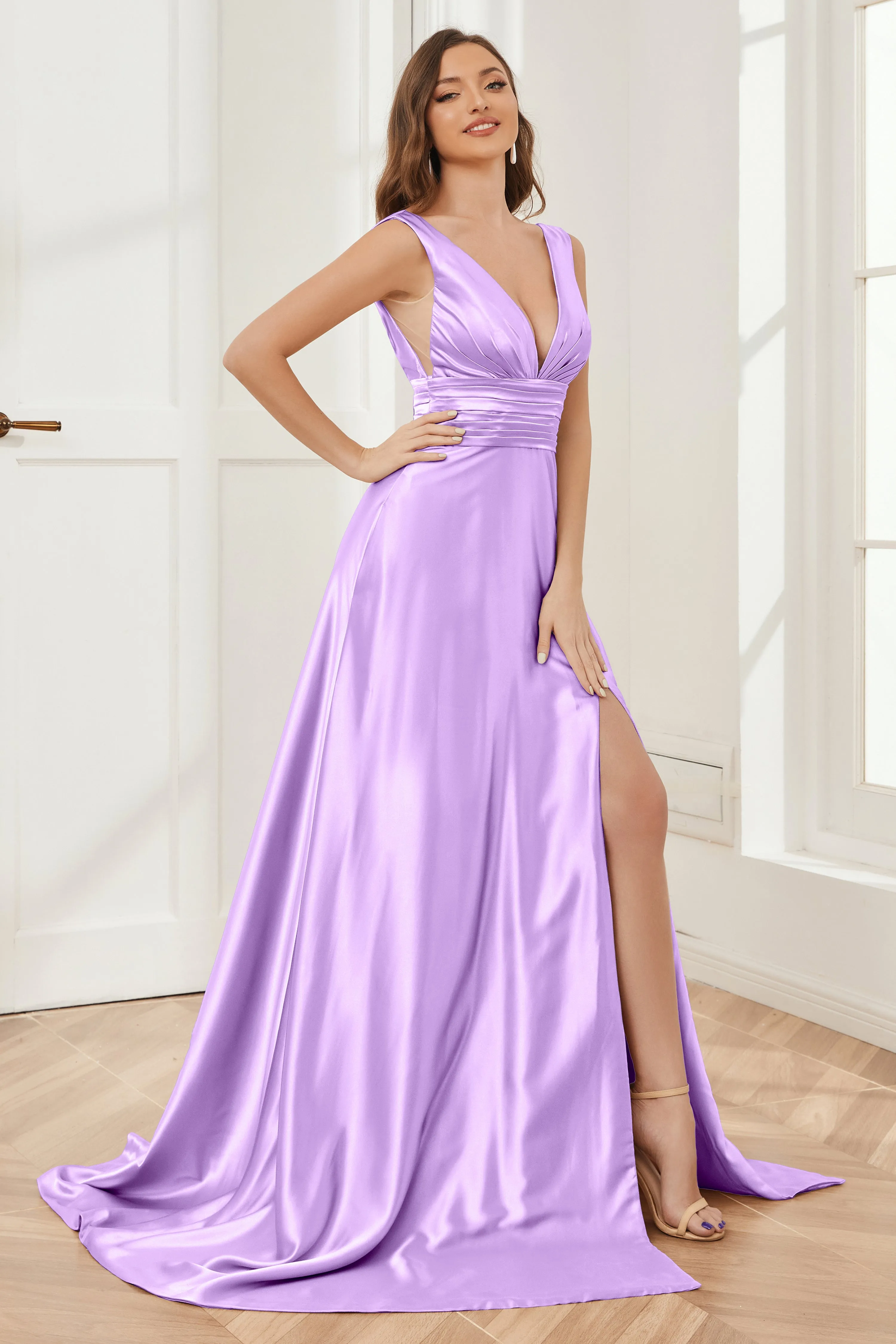 A-line V-neck Sleeveless Soft Satin Long Bridesmaid Dress