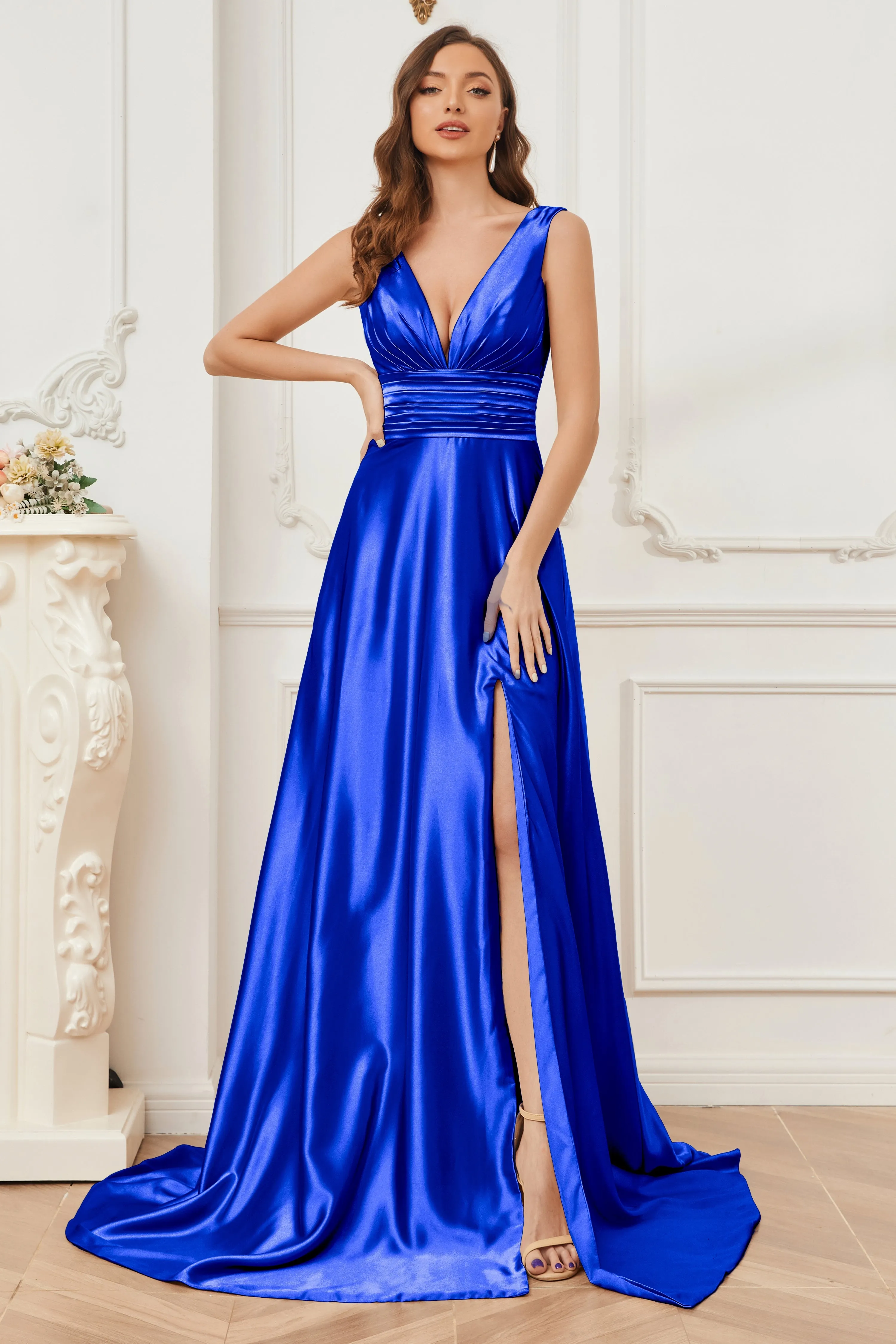A-line V-neck Sleeveless Soft Satin Long Bridesmaid Dress
