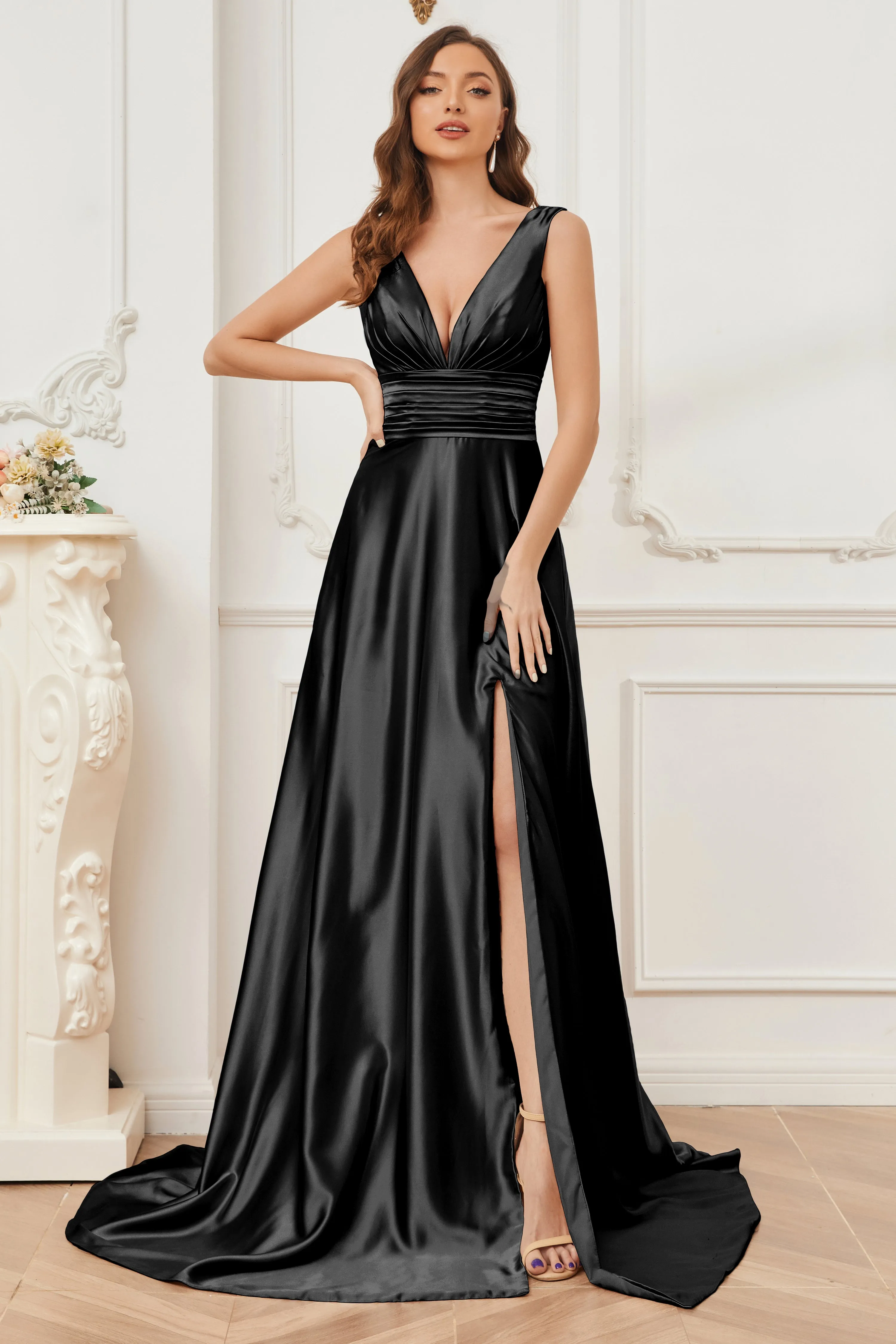 A-line V-neck Sleeveless Soft Satin Long Bridesmaid Dress
