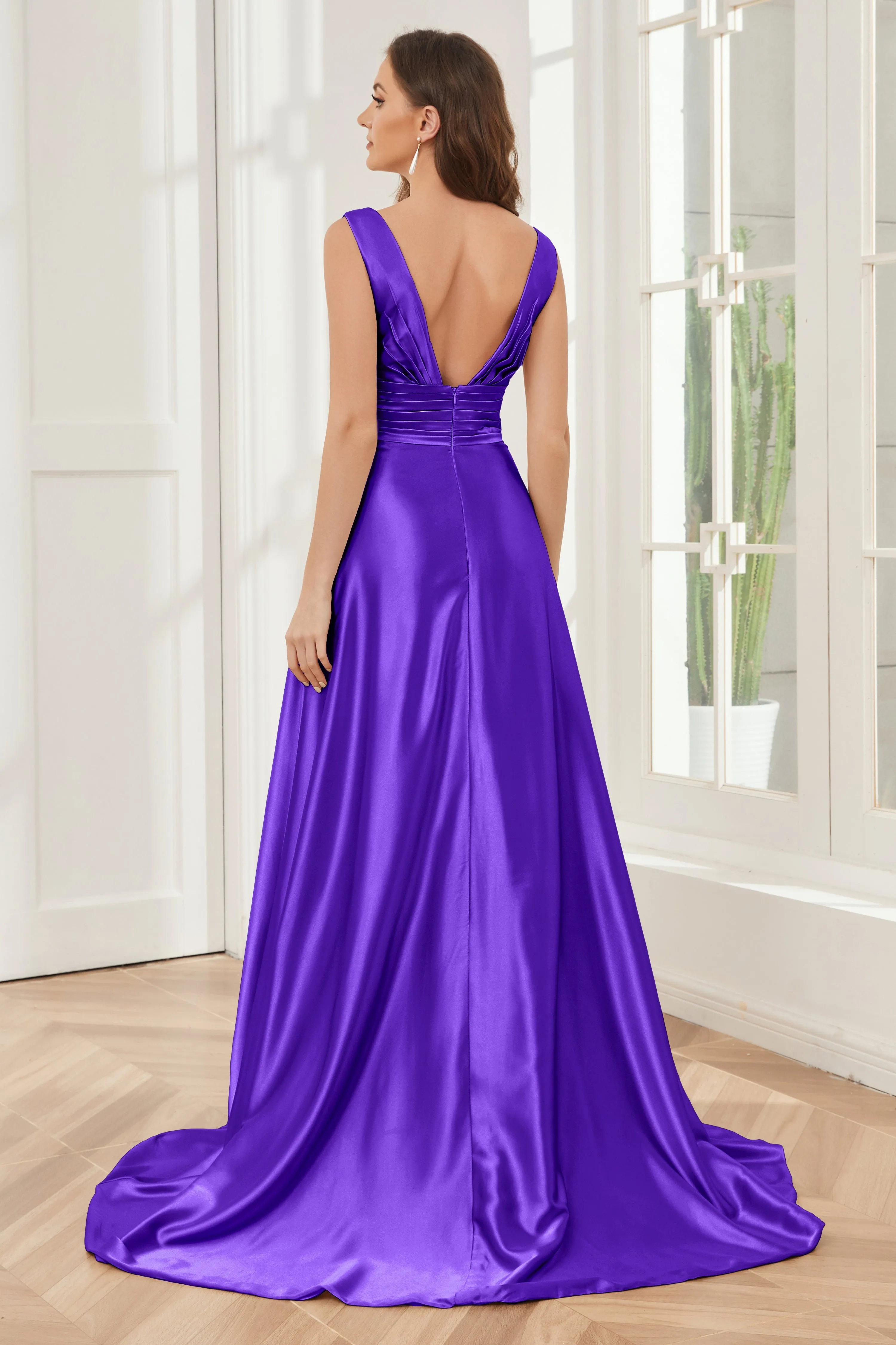 A-line V-neck Sleeveless Soft Satin Long Bridesmaid Dress