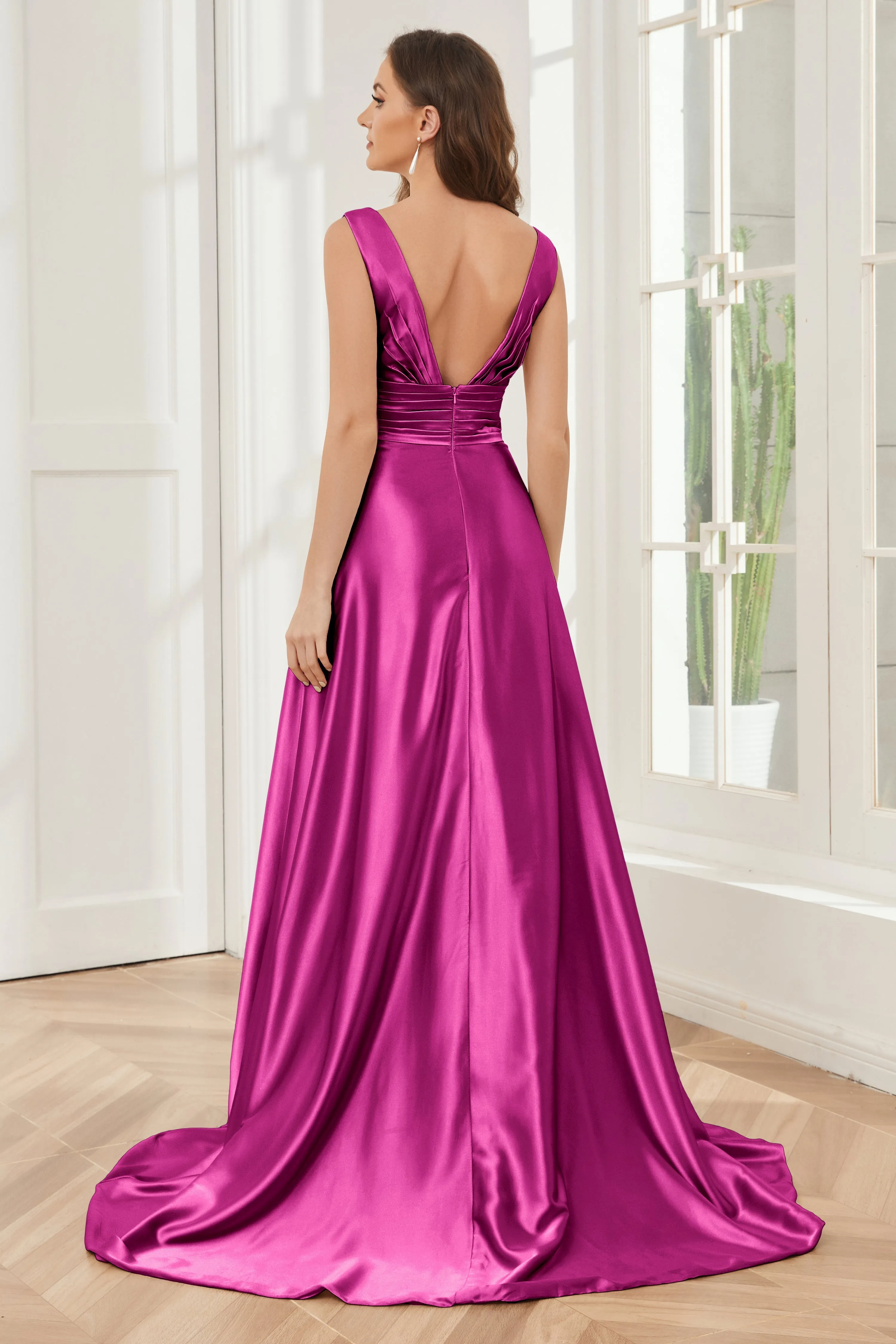 A-line V-neck Sleeveless Soft Satin Long Bridesmaid Dress