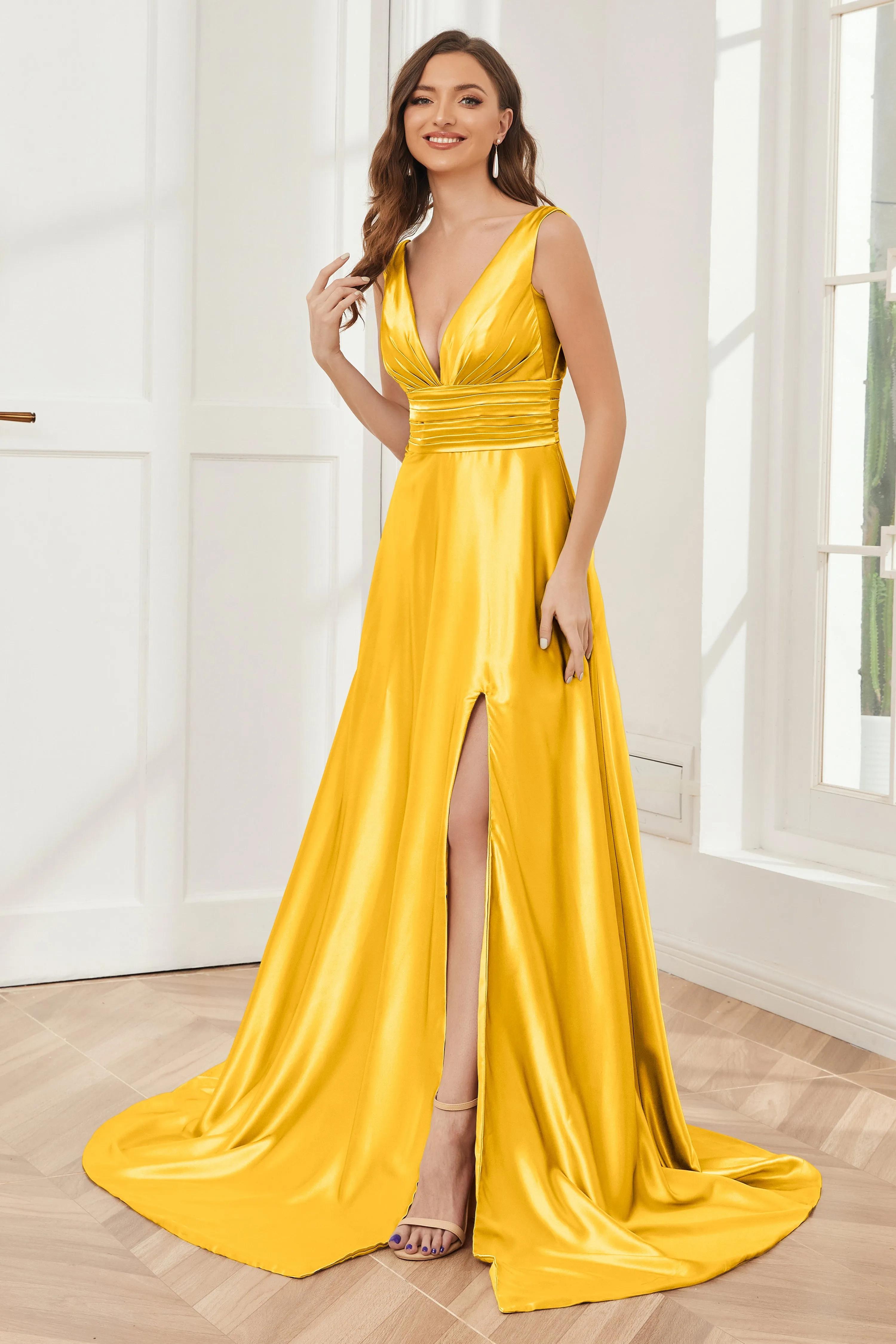A-line V-neck Sleeveless Soft Satin Long Bridesmaid Dress
