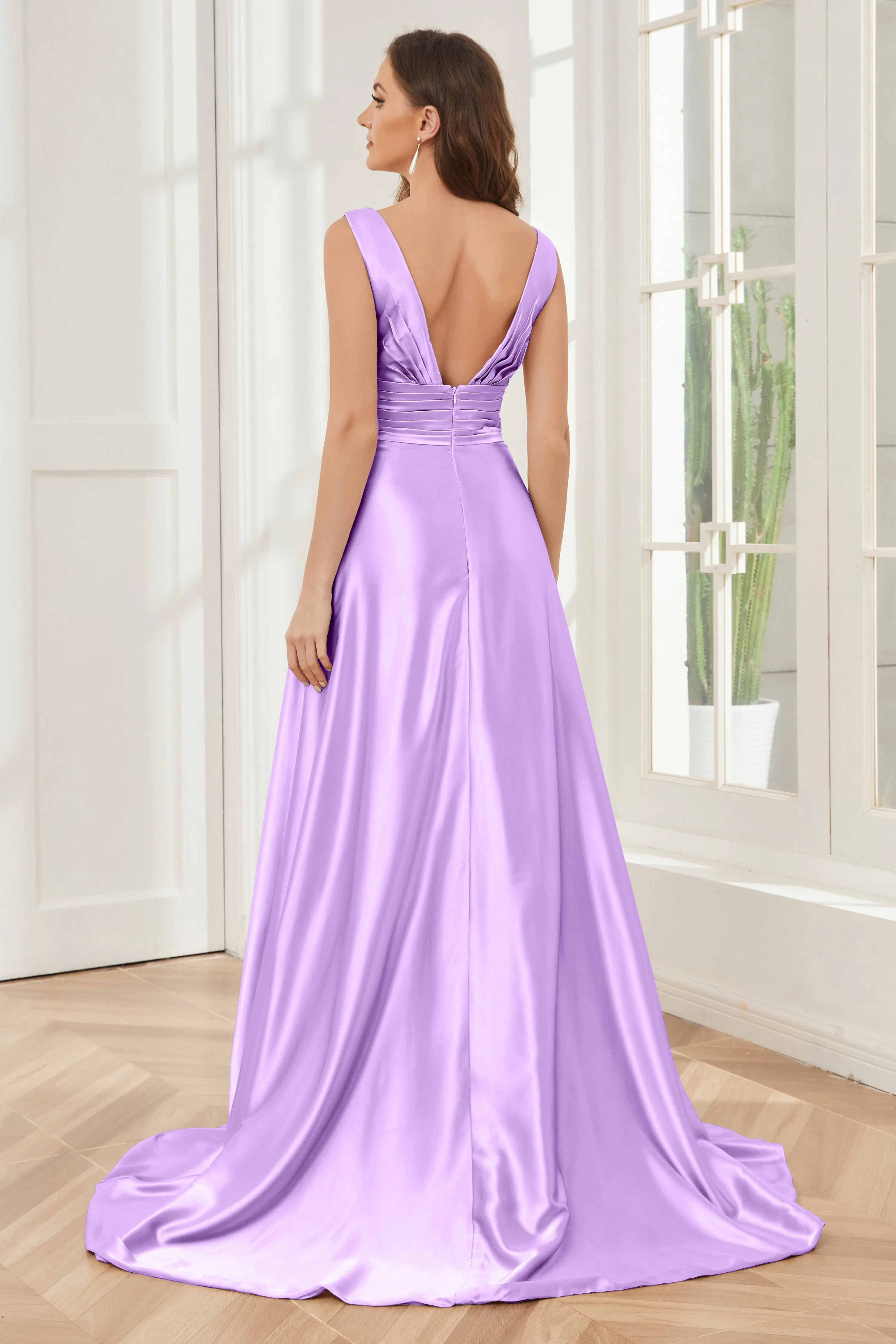 A-line V-neck Sleeveless Soft Satin Long Bridesmaid Dress
