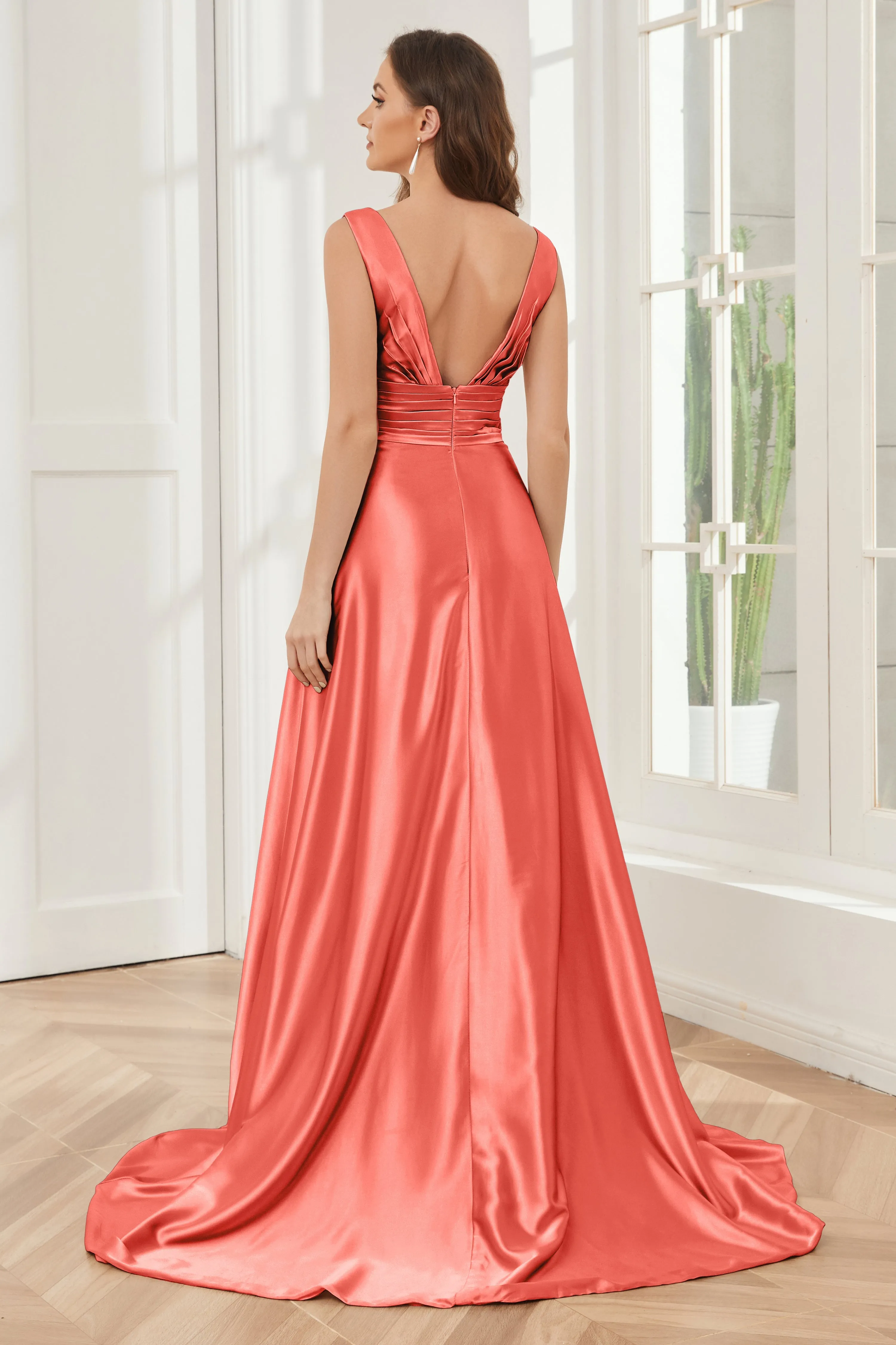 A-line V-neck Sleeveless Soft Satin Long Bridesmaid Dress