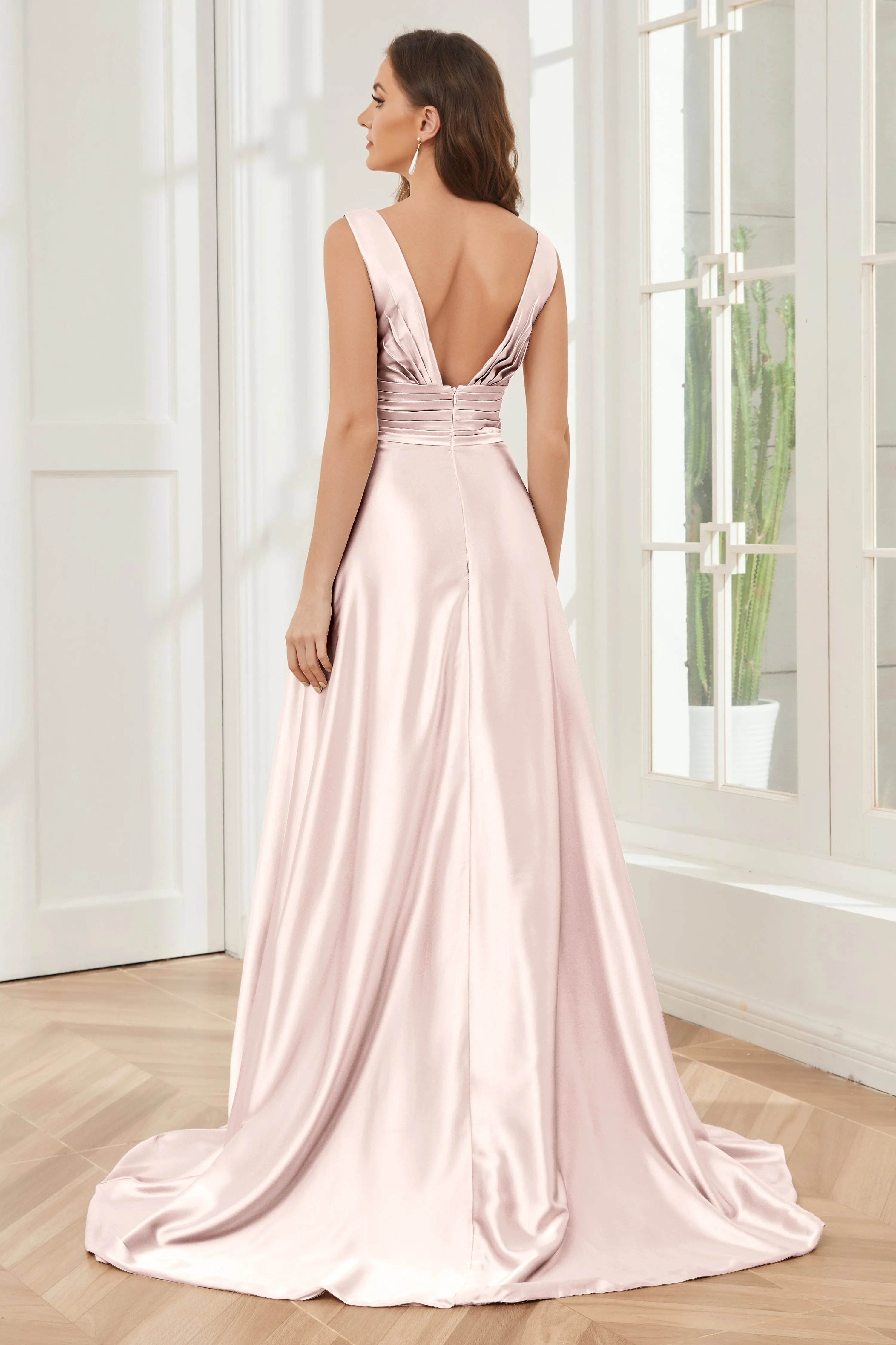 A-line V-neck Sleeveless Soft Satin Long Bridesmaid Dress