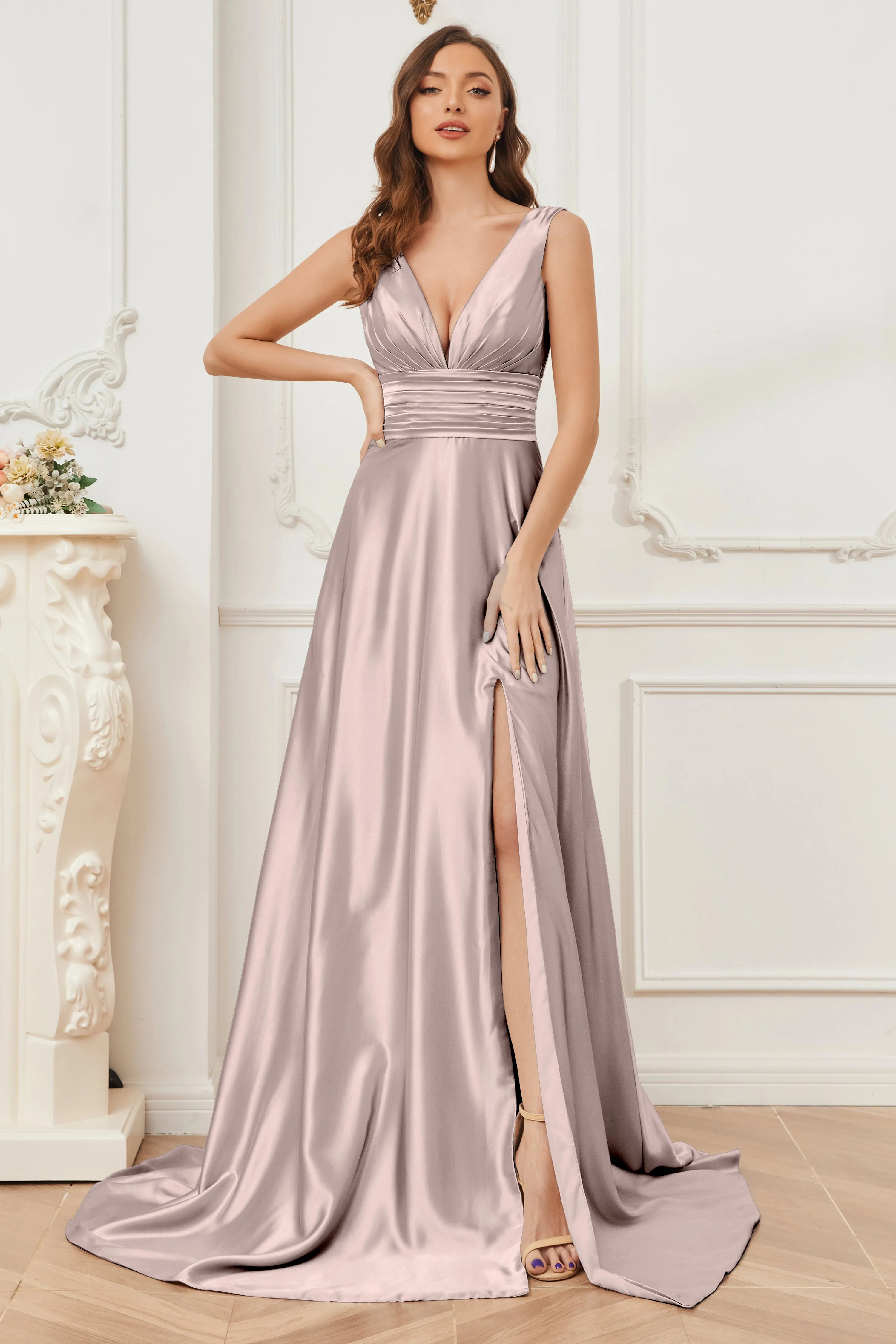 A-line V-neck Sleeveless Soft Satin Long Bridesmaid Dress