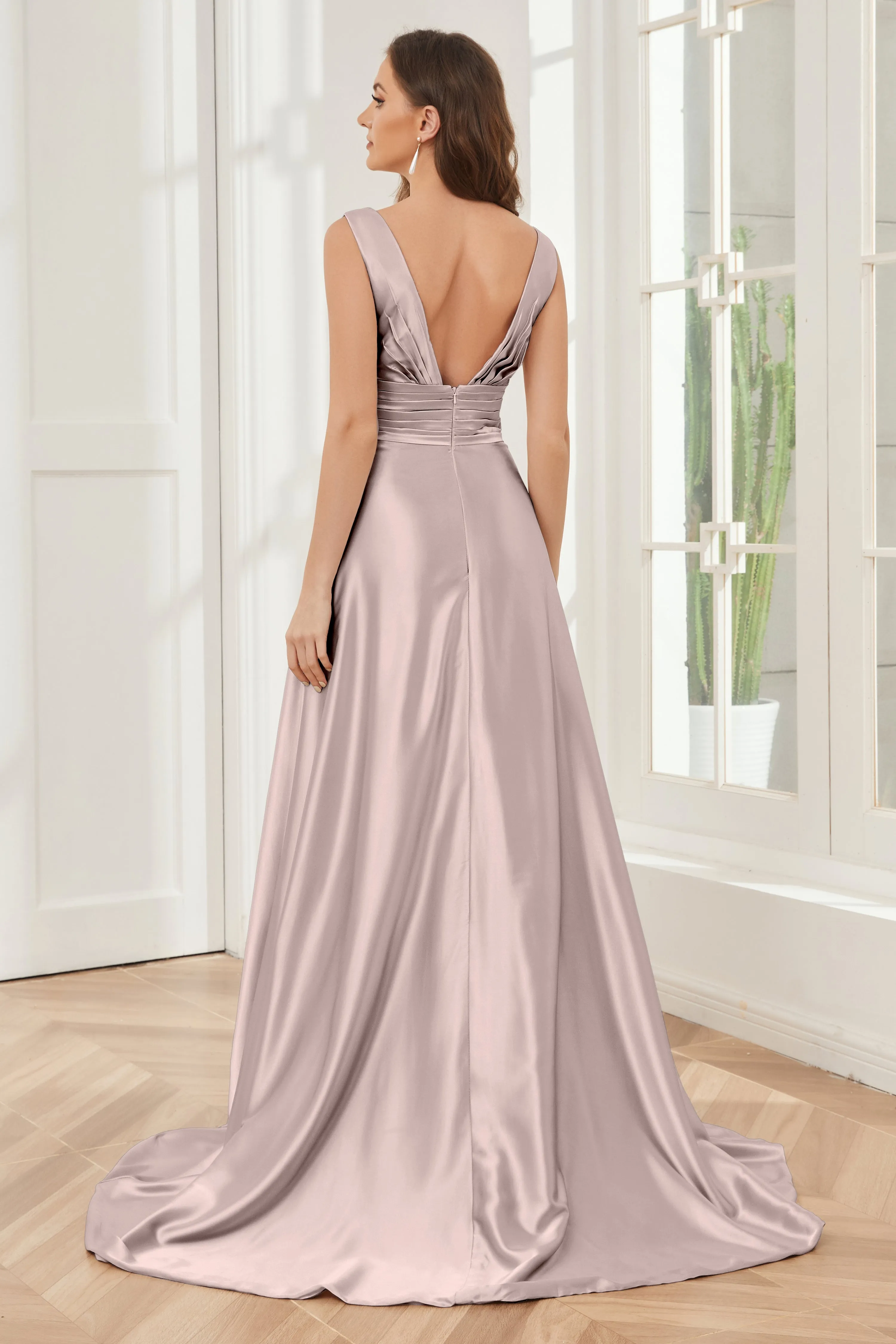 A-line V-neck Sleeveless Soft Satin Long Bridesmaid Dress