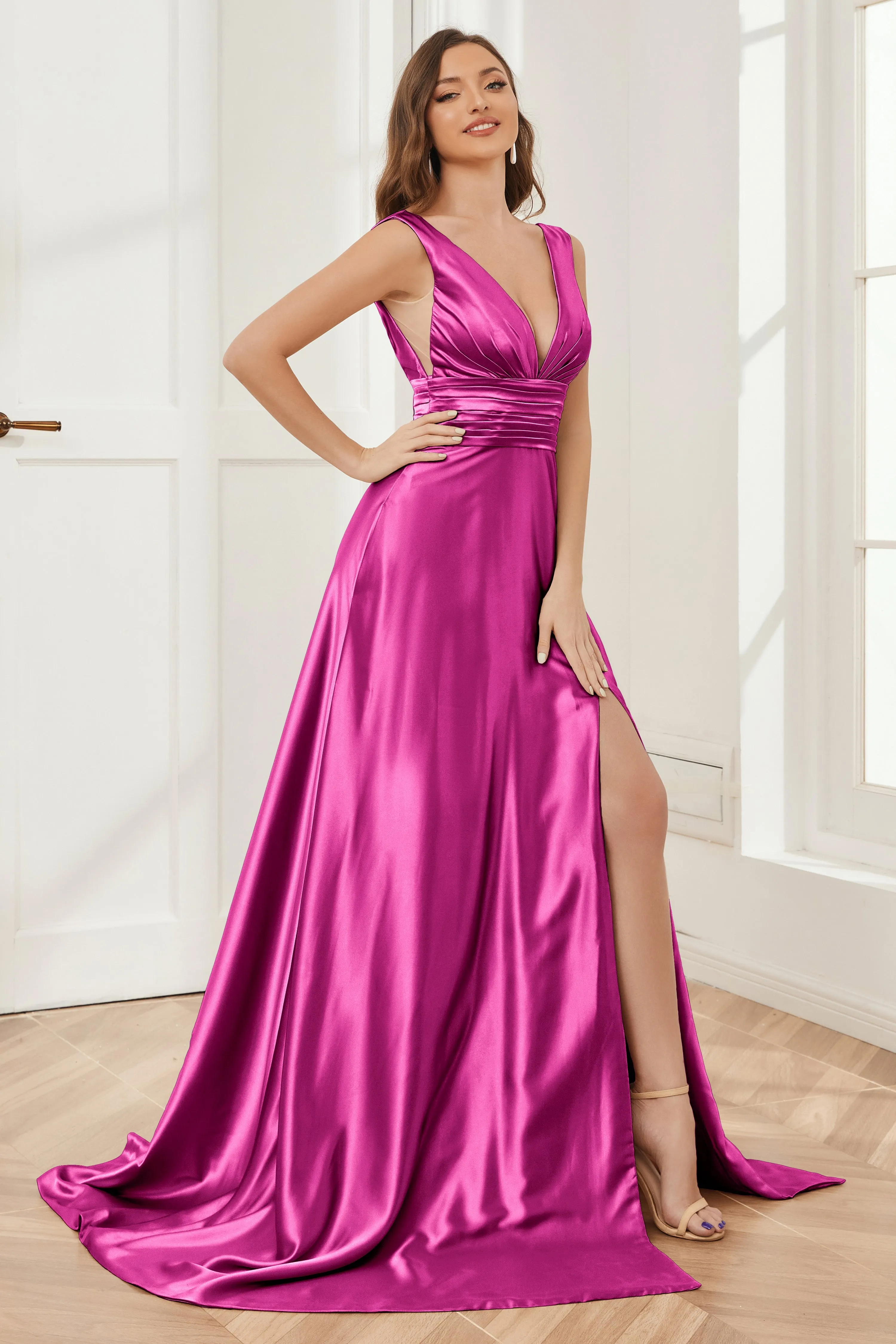 A-line V-neck Sleeveless Soft Satin Long Bridesmaid Dress