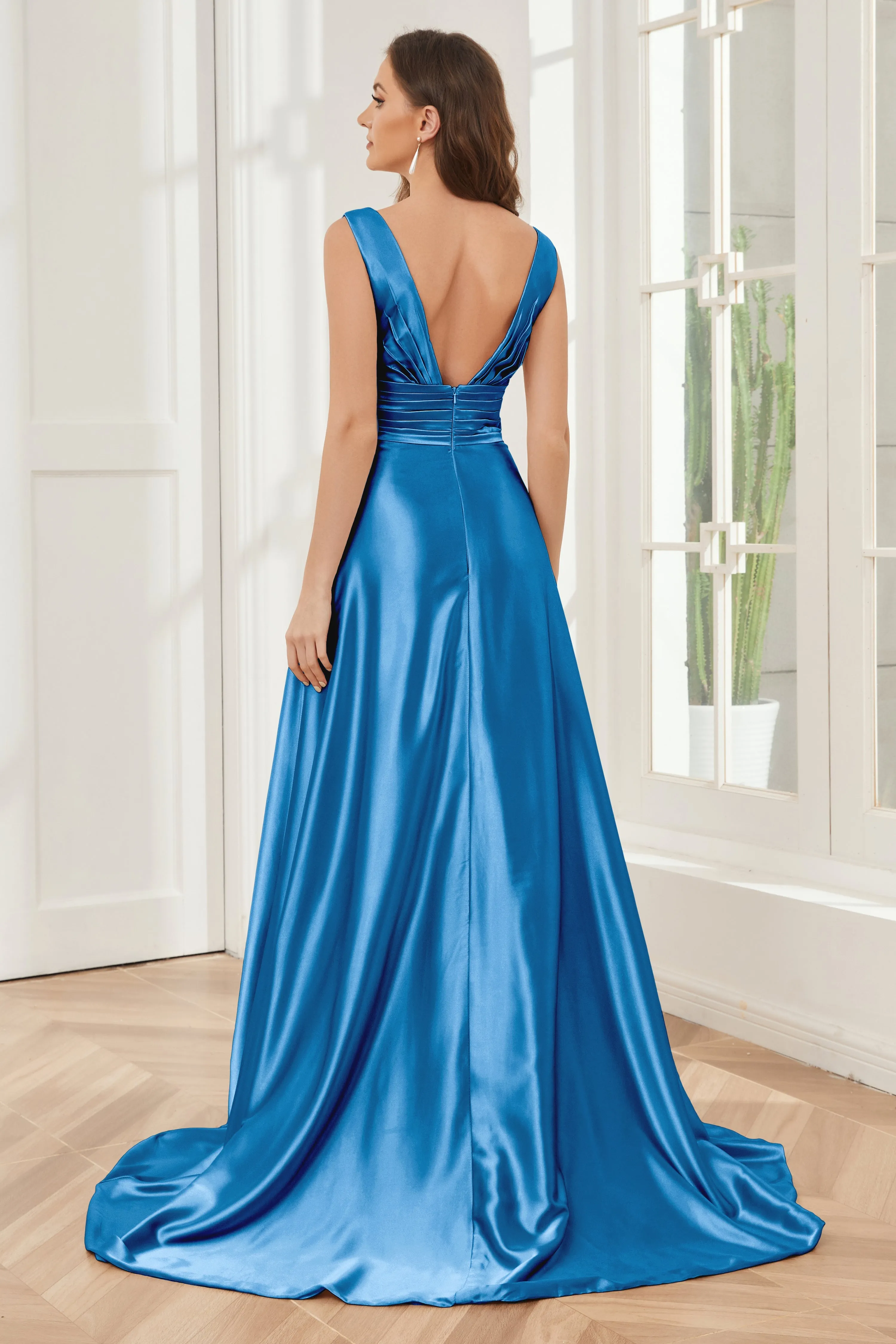 A-line V-neck Sleeveless Soft Satin Long Bridesmaid Dress