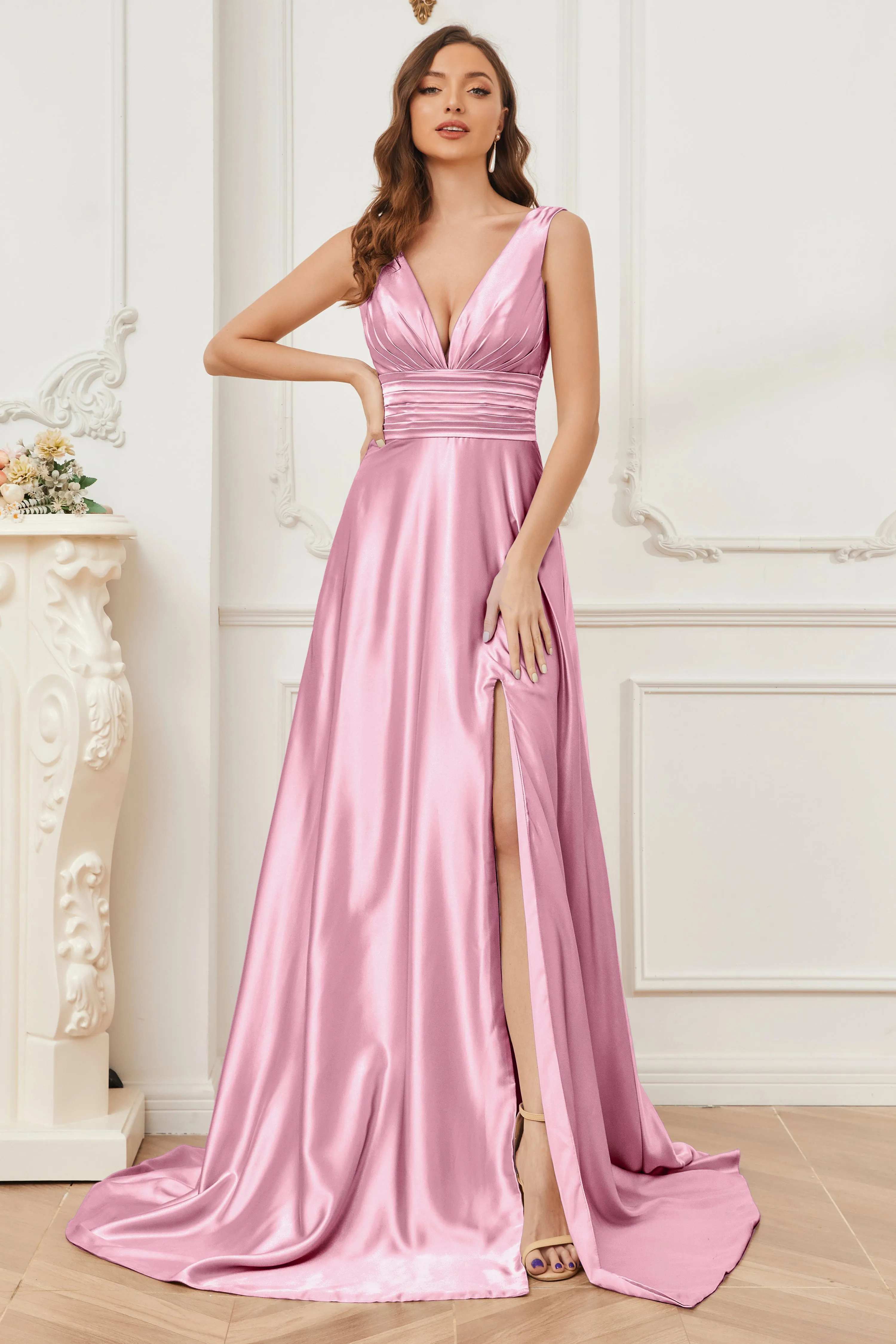 A-line V-neck Sleeveless Soft Satin Long Bridesmaid Dress