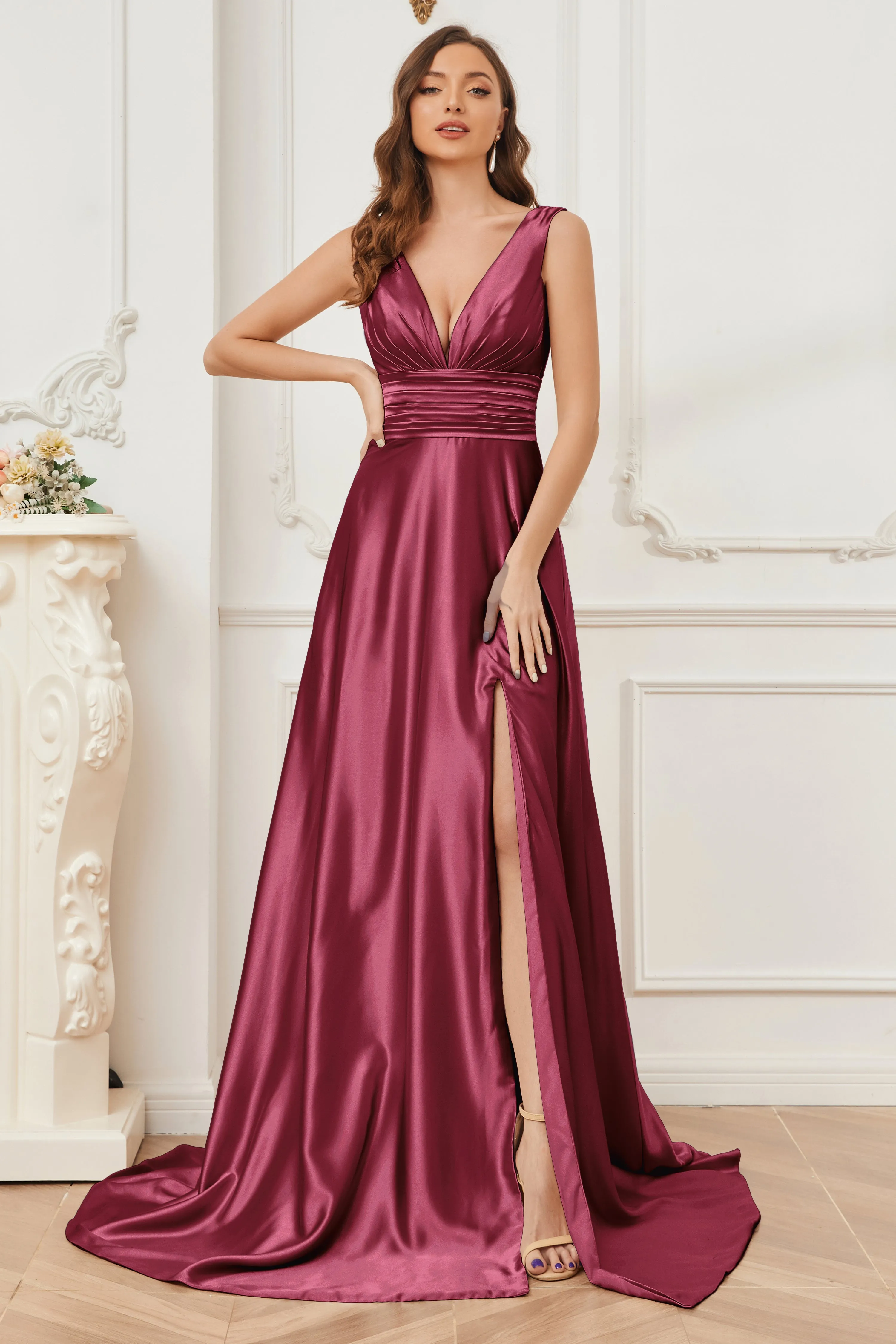 A-line V-neck Sleeveless Soft Satin Long Bridesmaid Dress