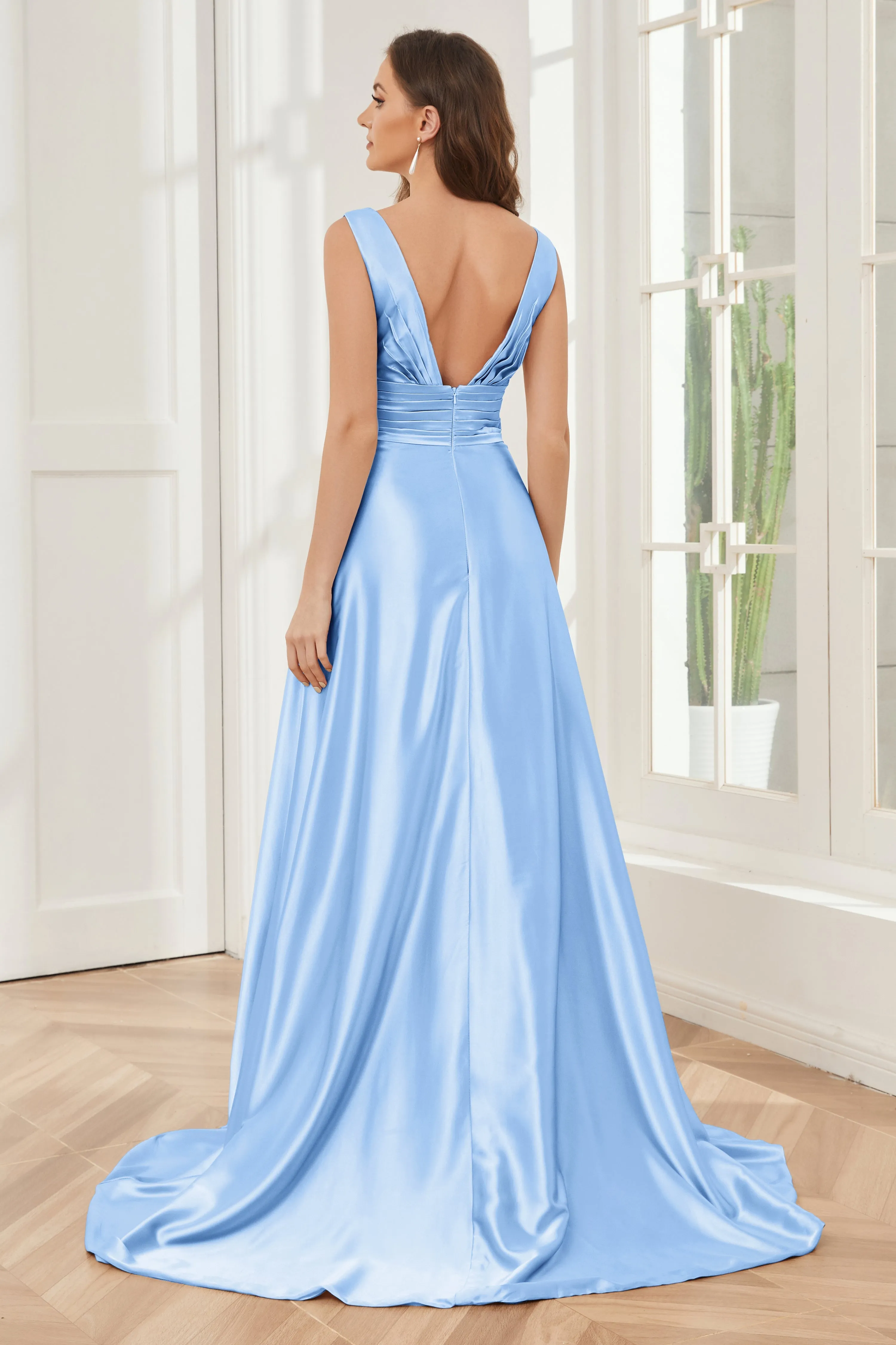 A-line V-neck Sleeveless Soft Satin Long Bridesmaid Dress