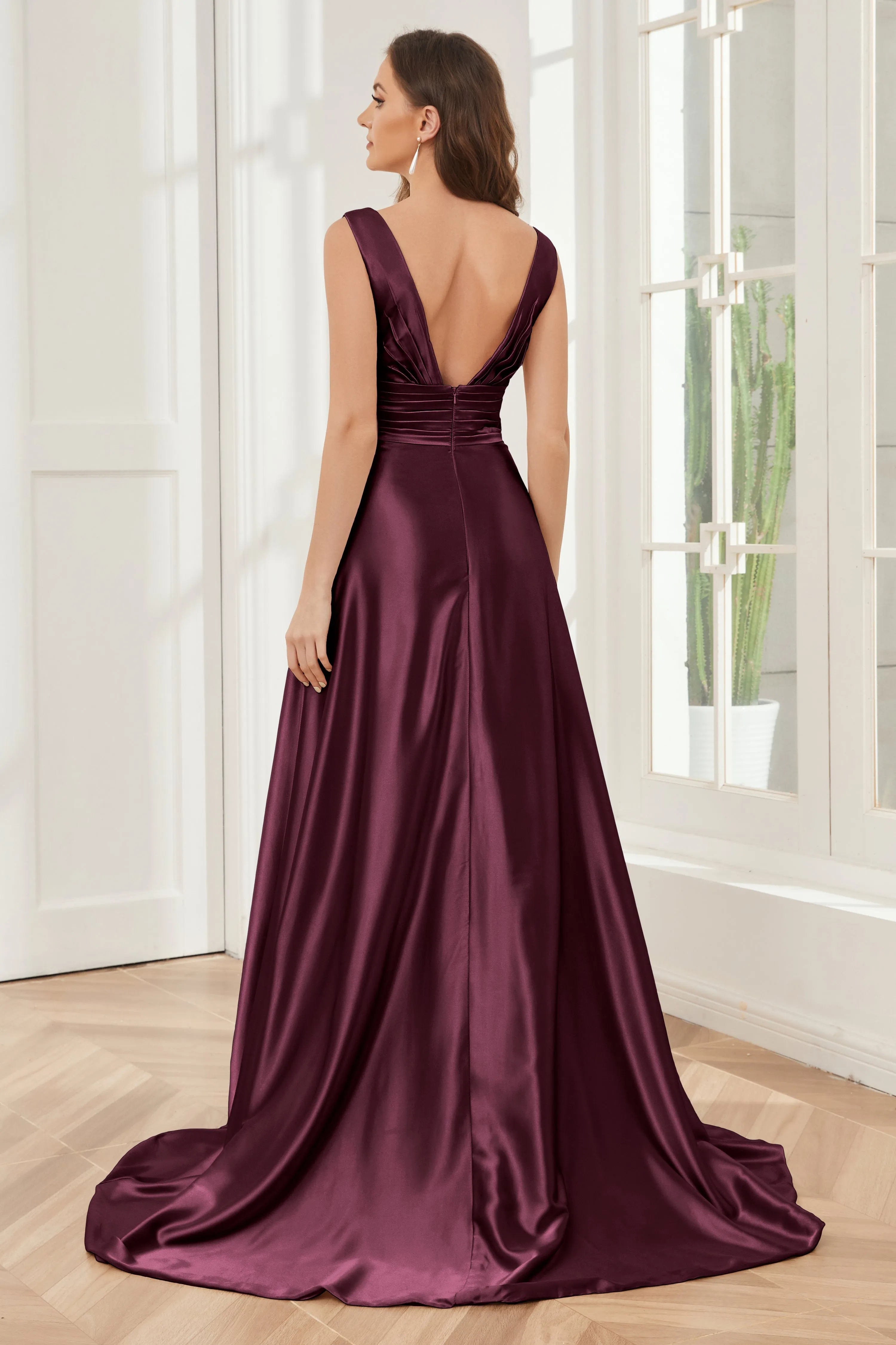 A-line V-neck Sleeveless Soft Satin Long Bridesmaid Dress