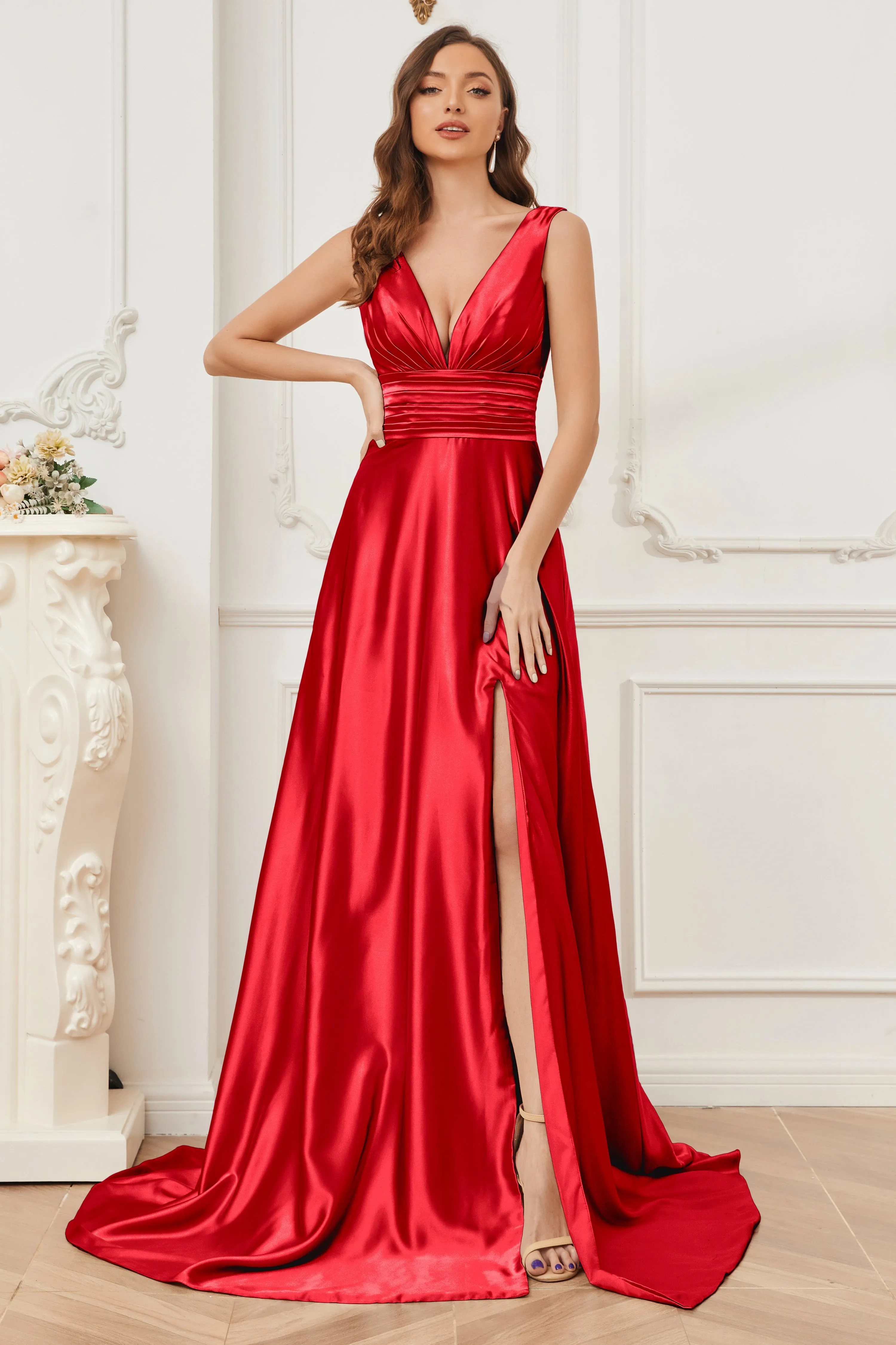 A-line V-neck Sleeveless Soft Satin Long Bridesmaid Dress