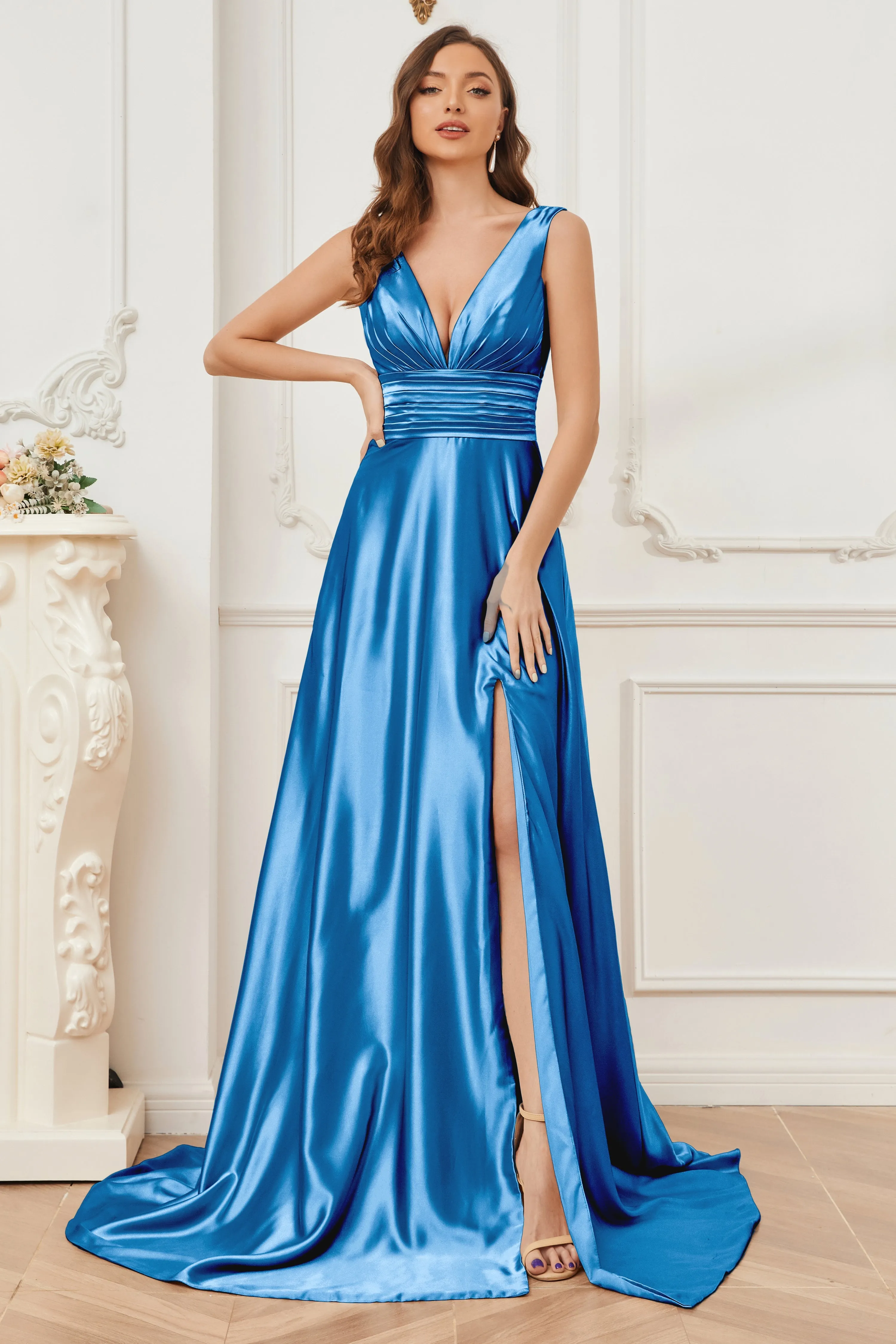 A-line V-neck Sleeveless Soft Satin Long Bridesmaid Dress