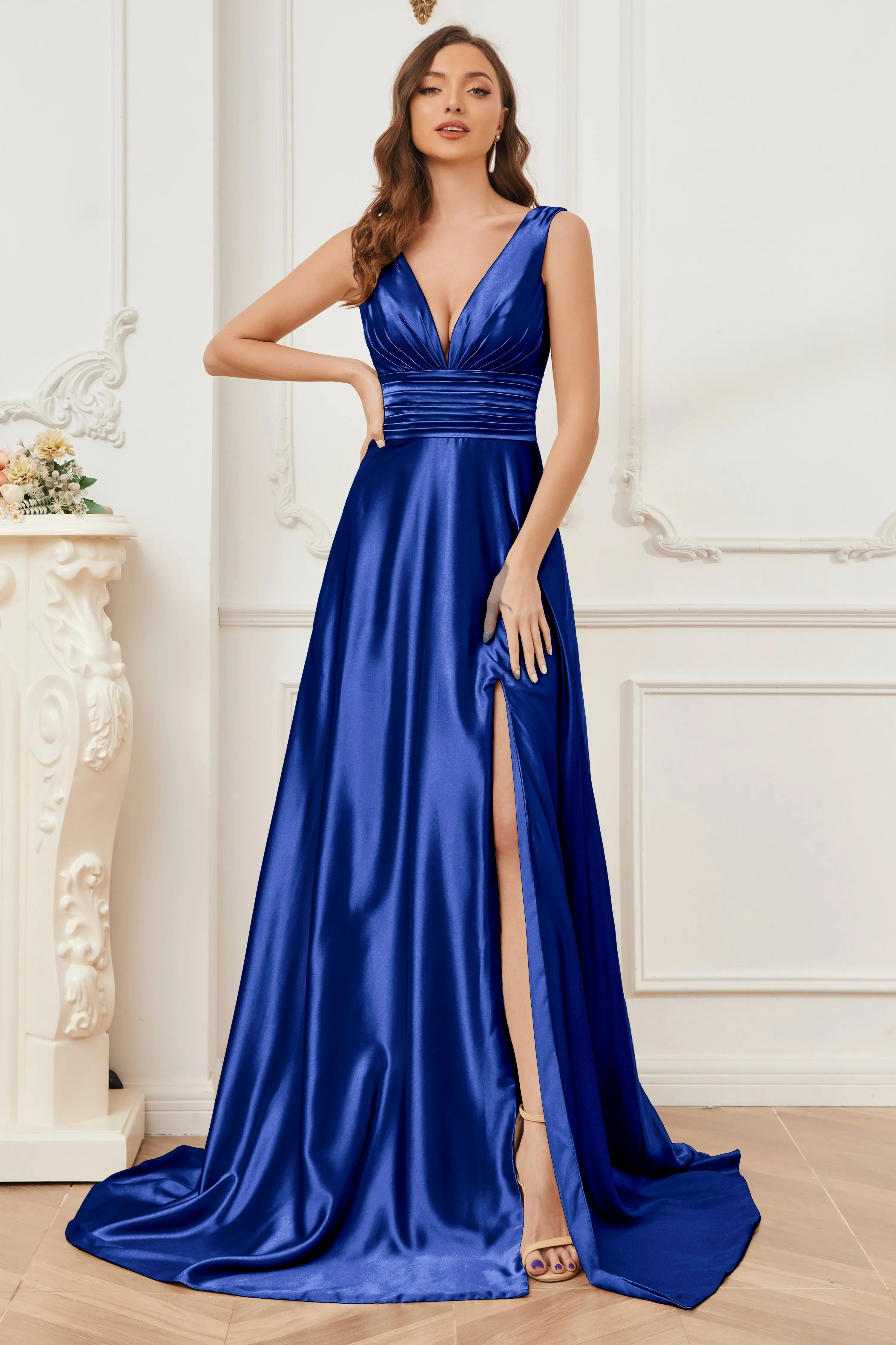 A-line V-neck Sleeveless Soft Satin Long Bridesmaid Dress