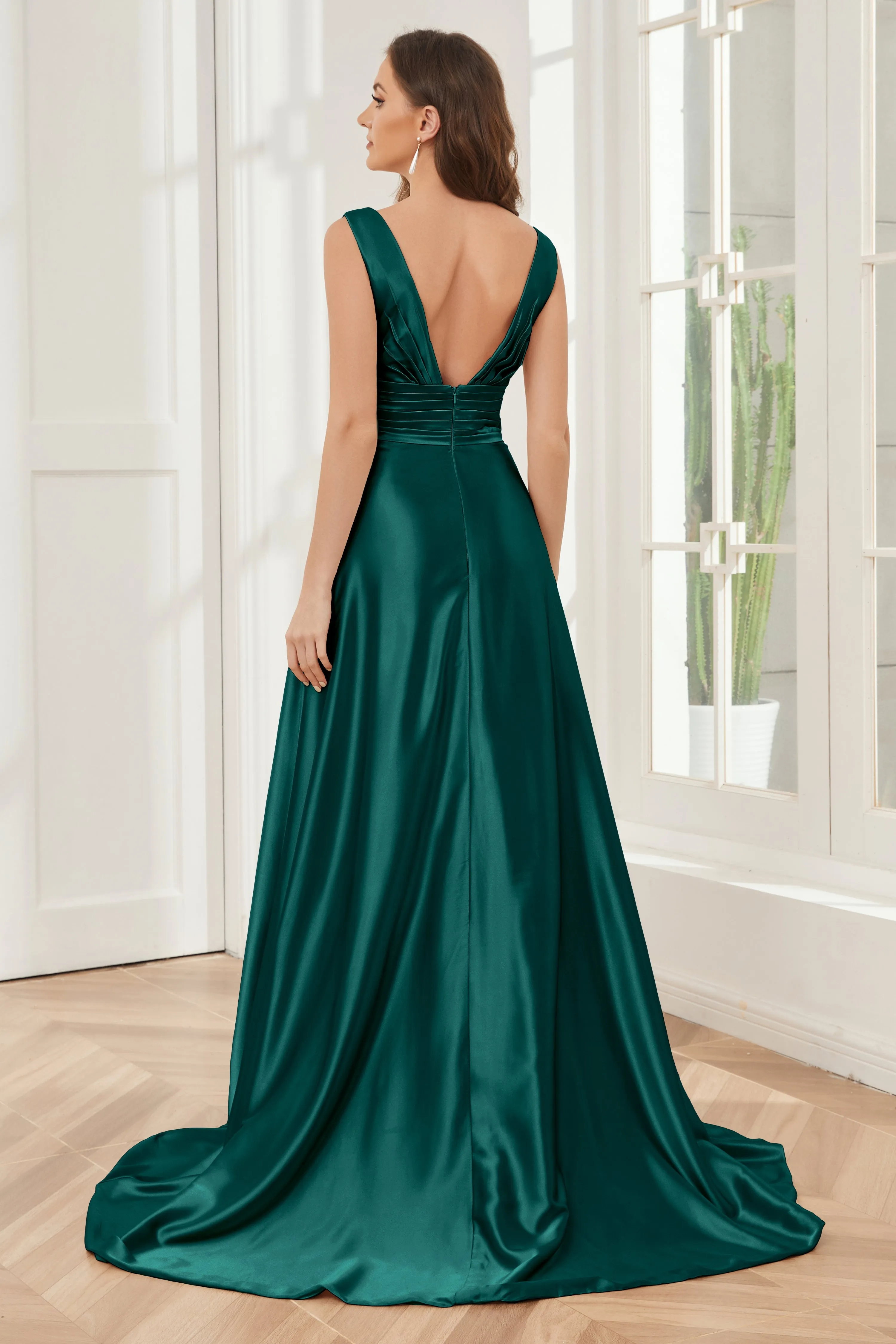 A-line V-neck Sleeveless Soft Satin Long Bridesmaid Dress