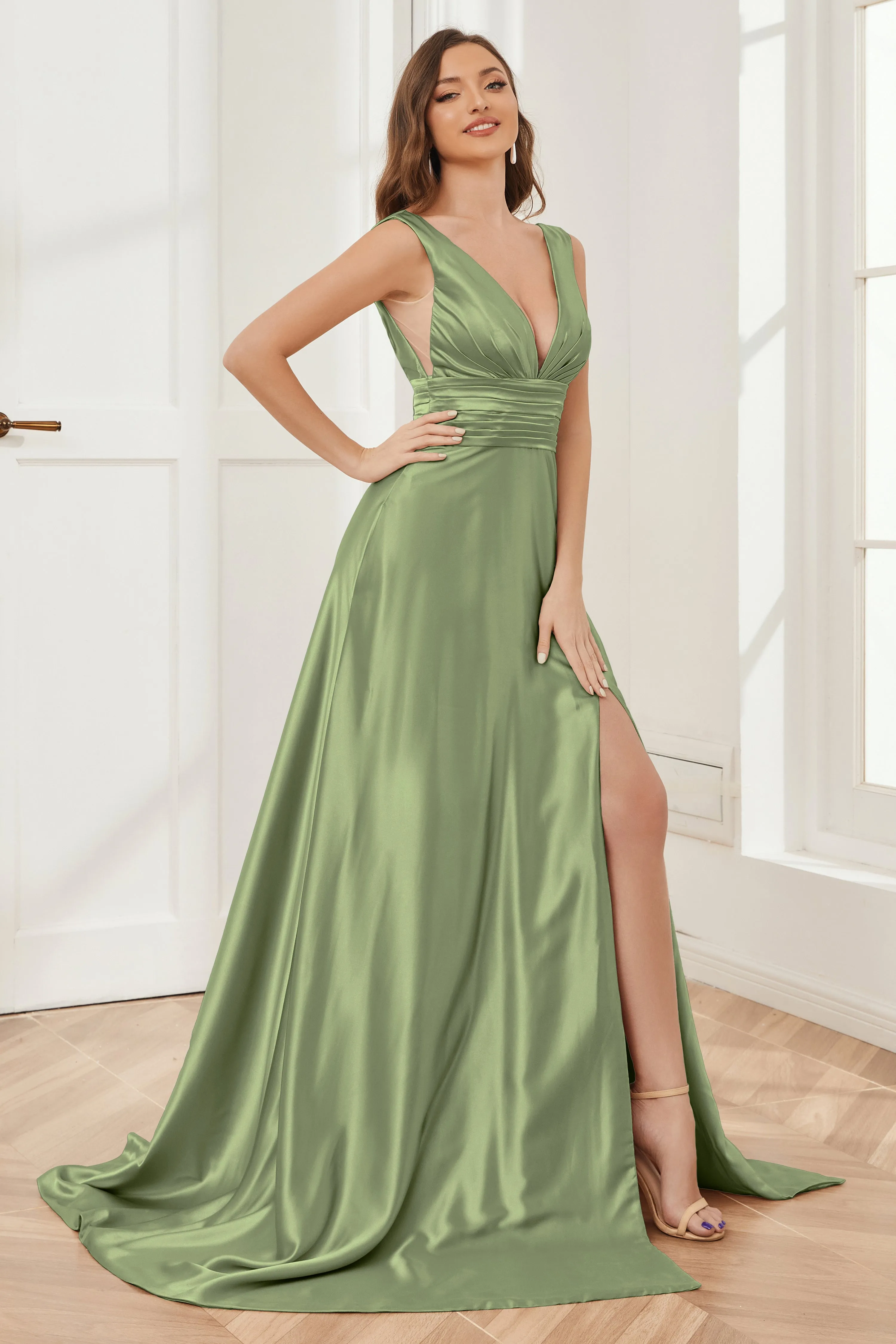 A-line V-neck Sleeveless Soft Satin Long Bridesmaid Dress