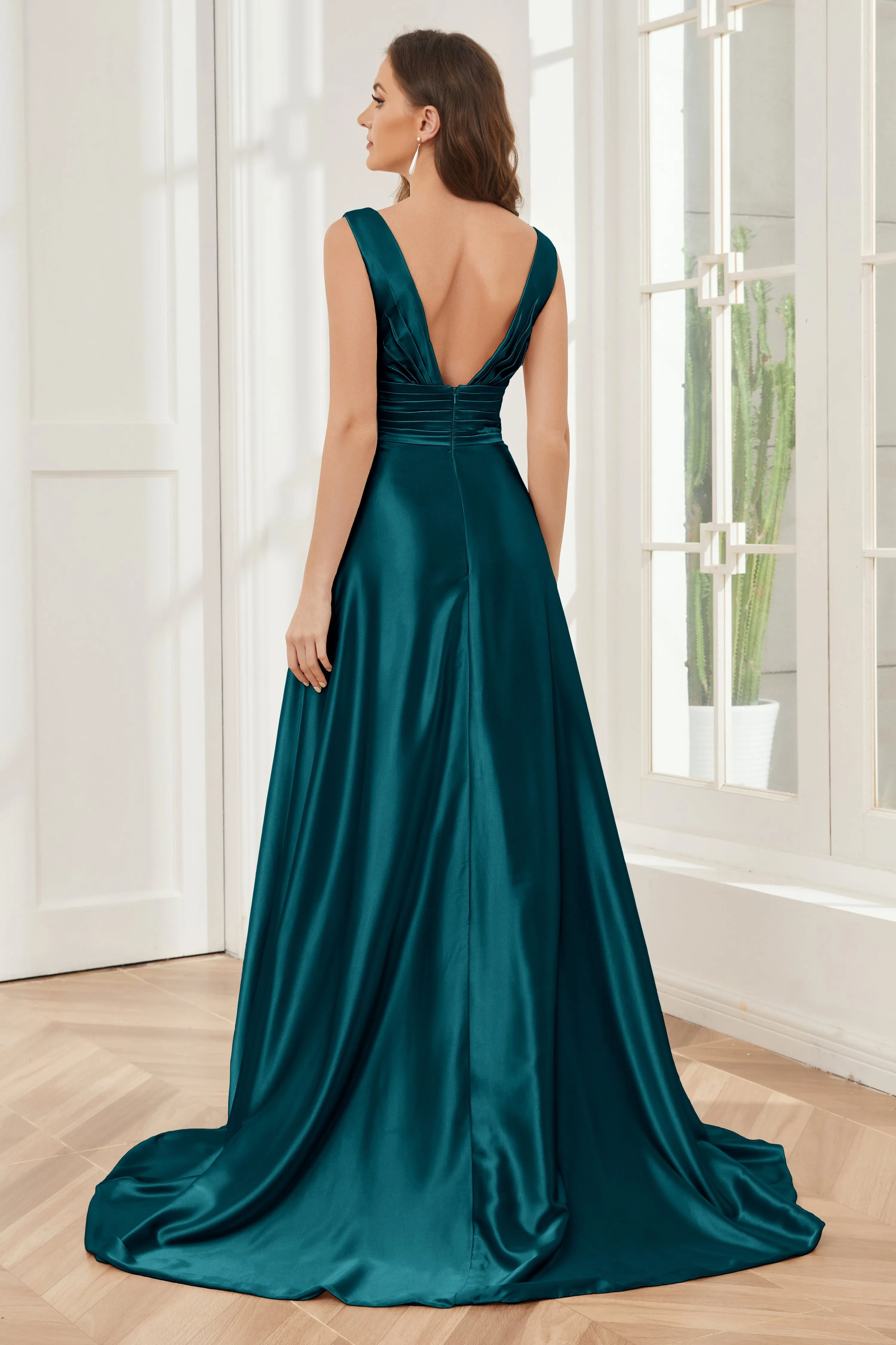 A-line V-neck Sleeveless Soft Satin Long Bridesmaid Dress