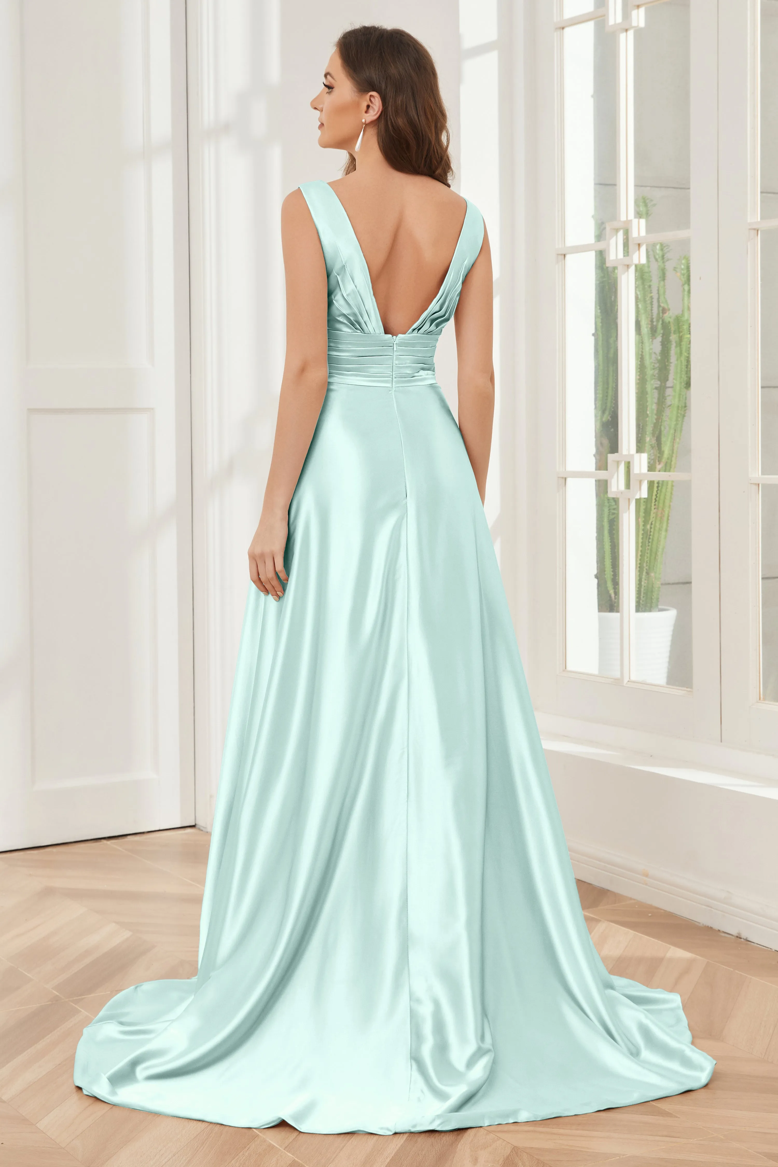 A-line V-neck Sleeveless Soft Satin Long Bridesmaid Dress