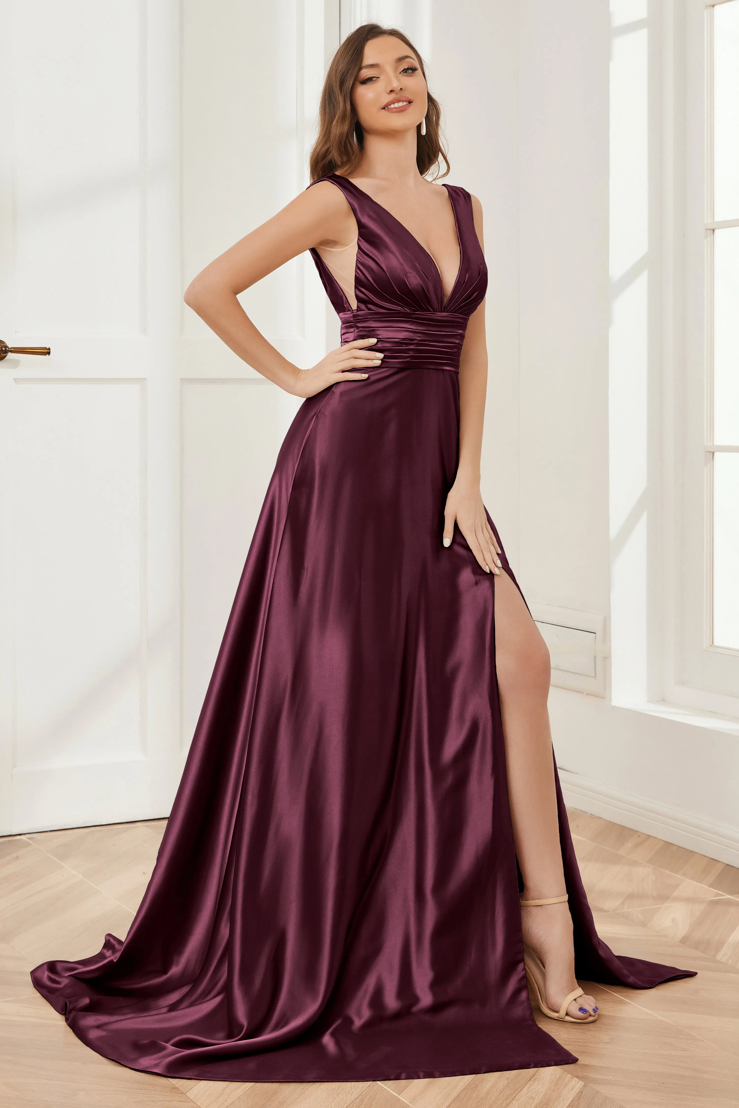 A-line V-neck Sleeveless Soft Satin Long Bridesmaid Dress
