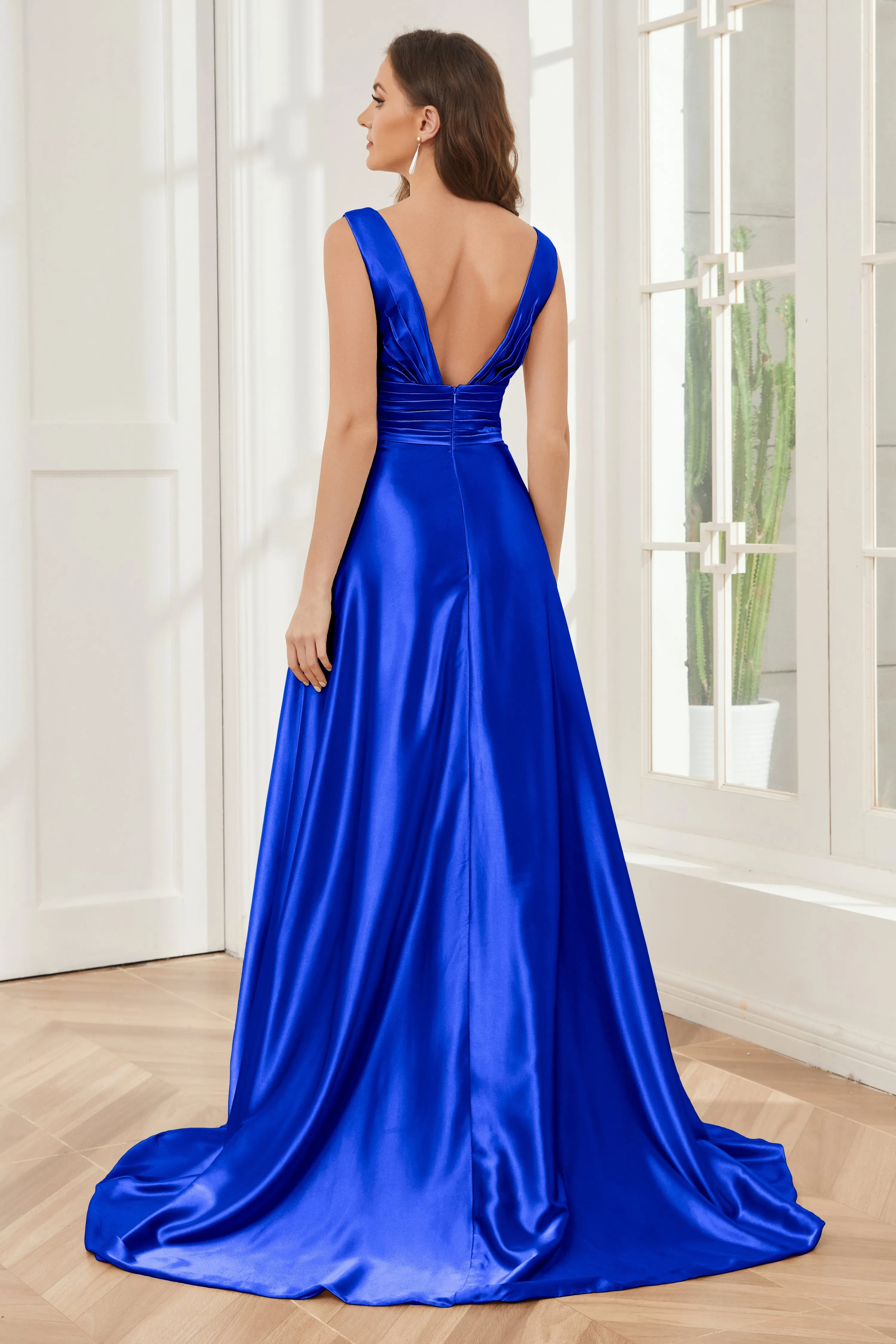 A-line V-neck Sleeveless Soft Satin Long Bridesmaid Dress
