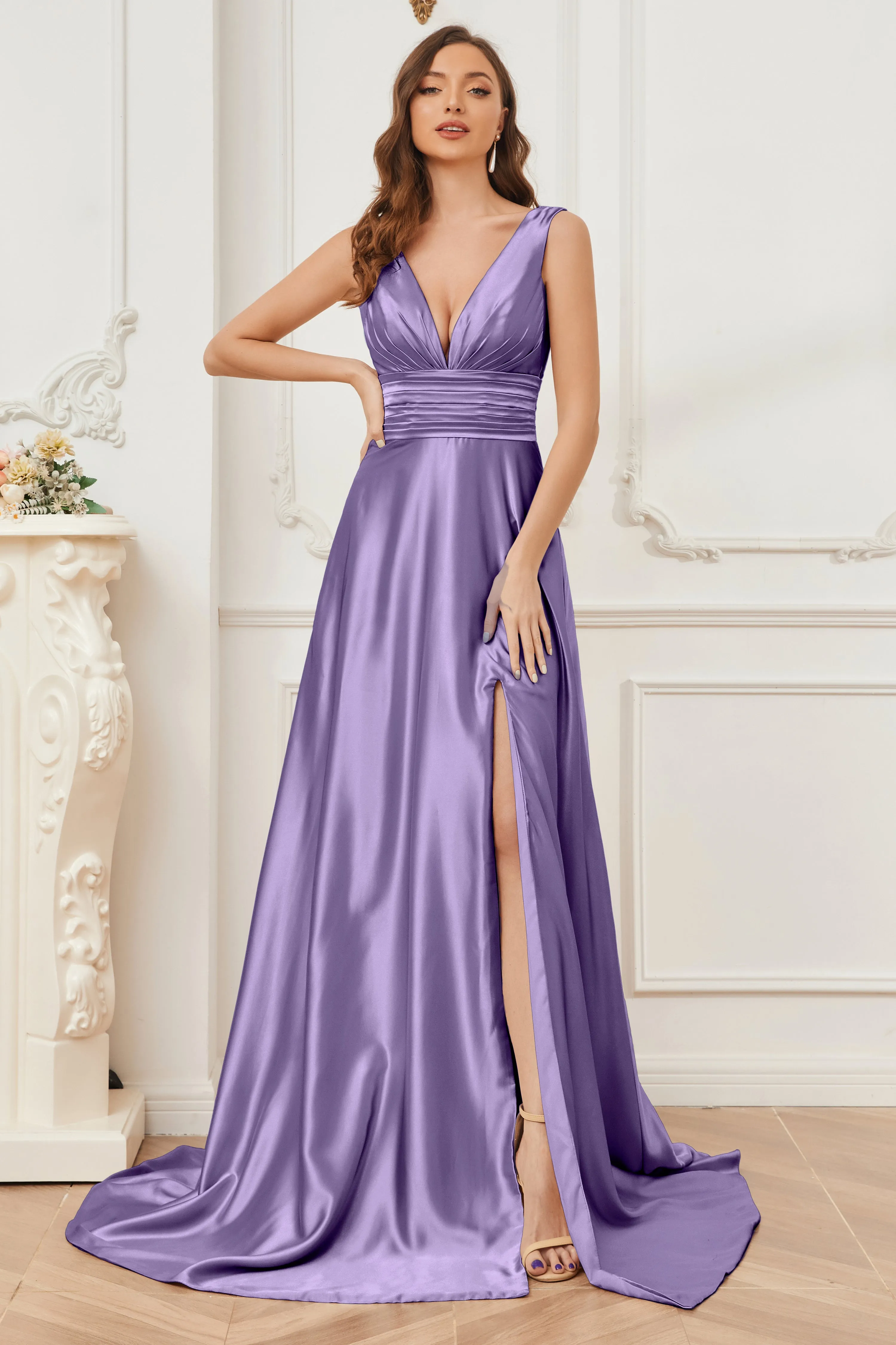 A-line V-neck Sleeveless Soft Satin Long Bridesmaid Dress