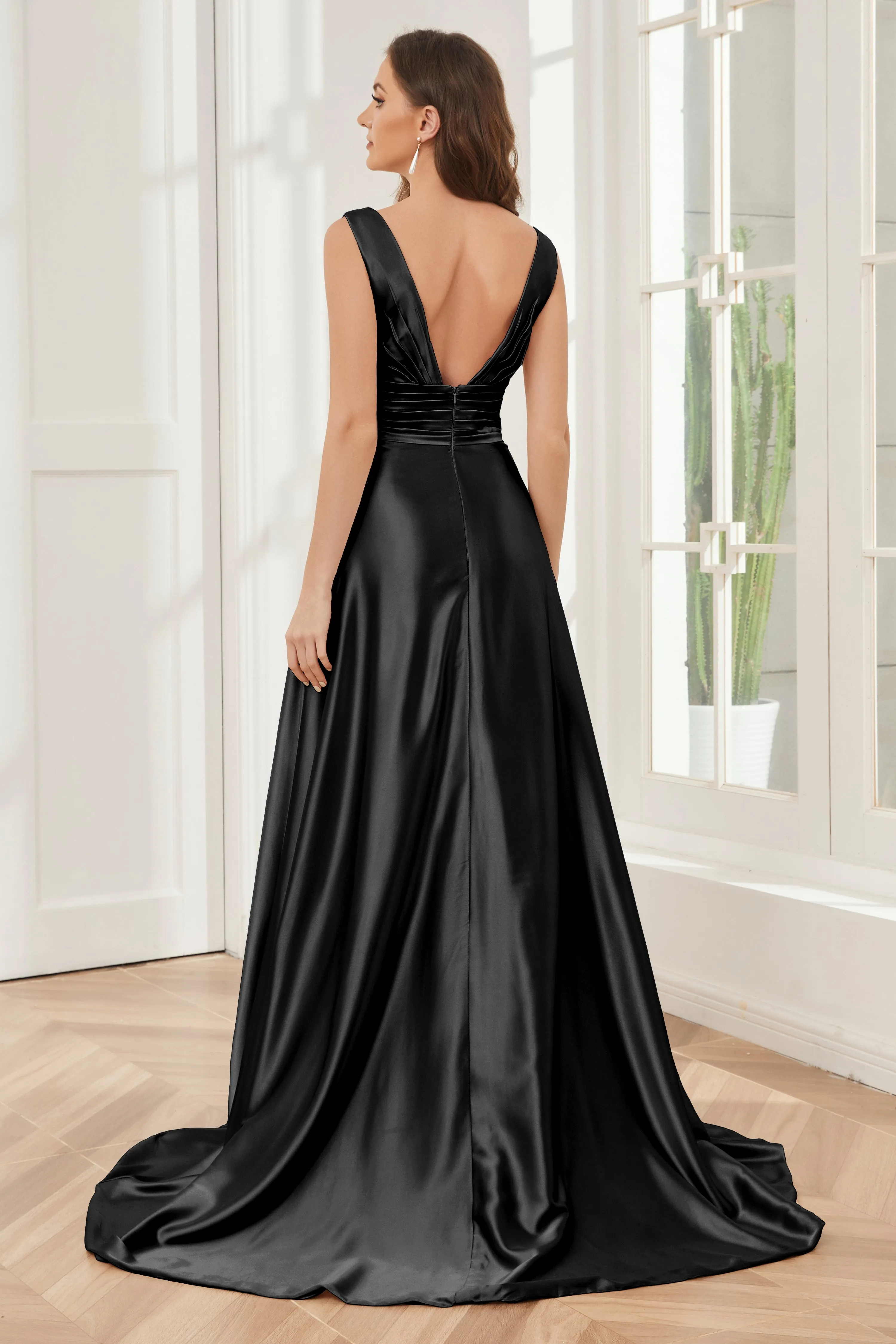 A-line V-neck Sleeveless Soft Satin Long Bridesmaid Dress