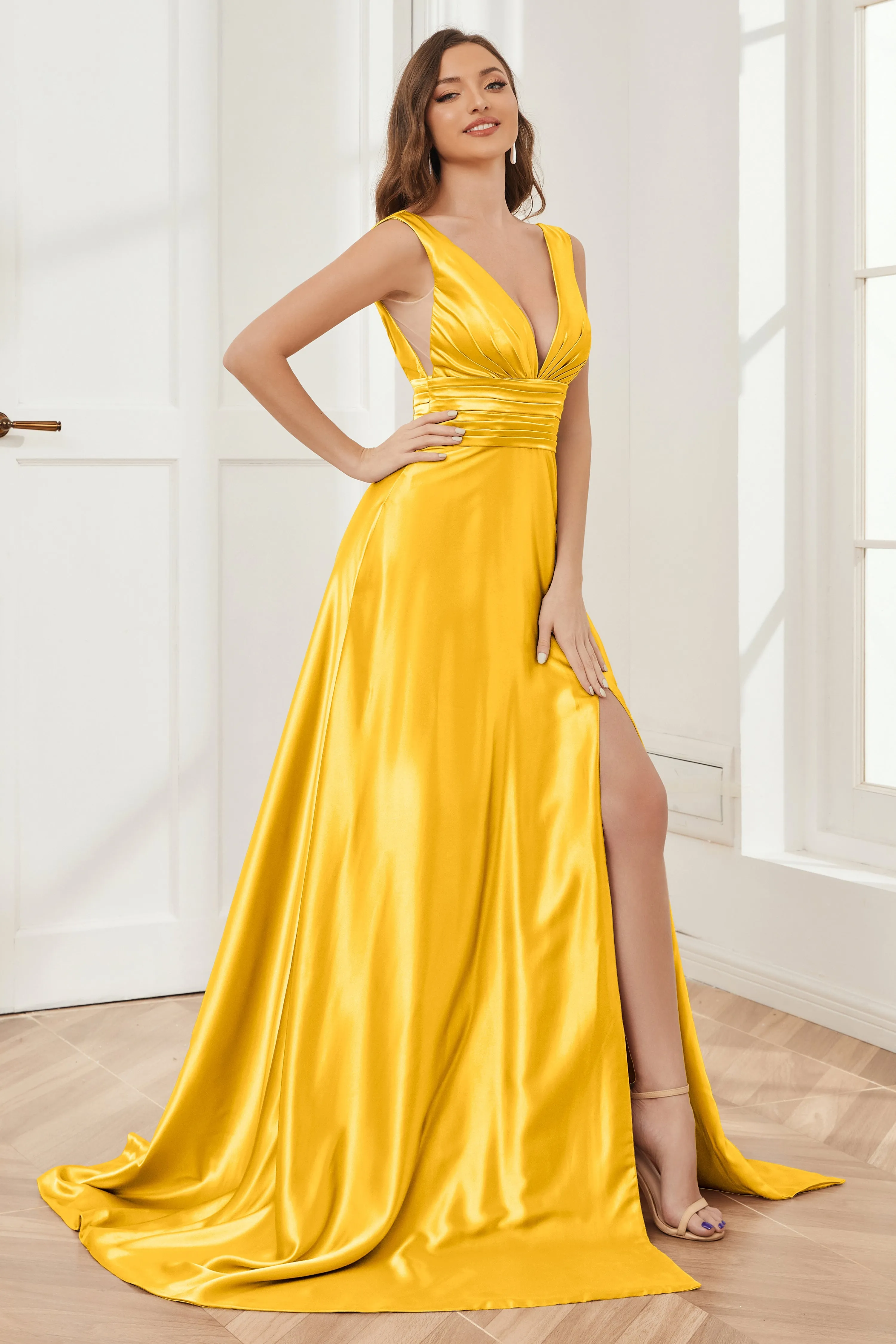 A-line V-neck Sleeveless Soft Satin Long Bridesmaid Dress