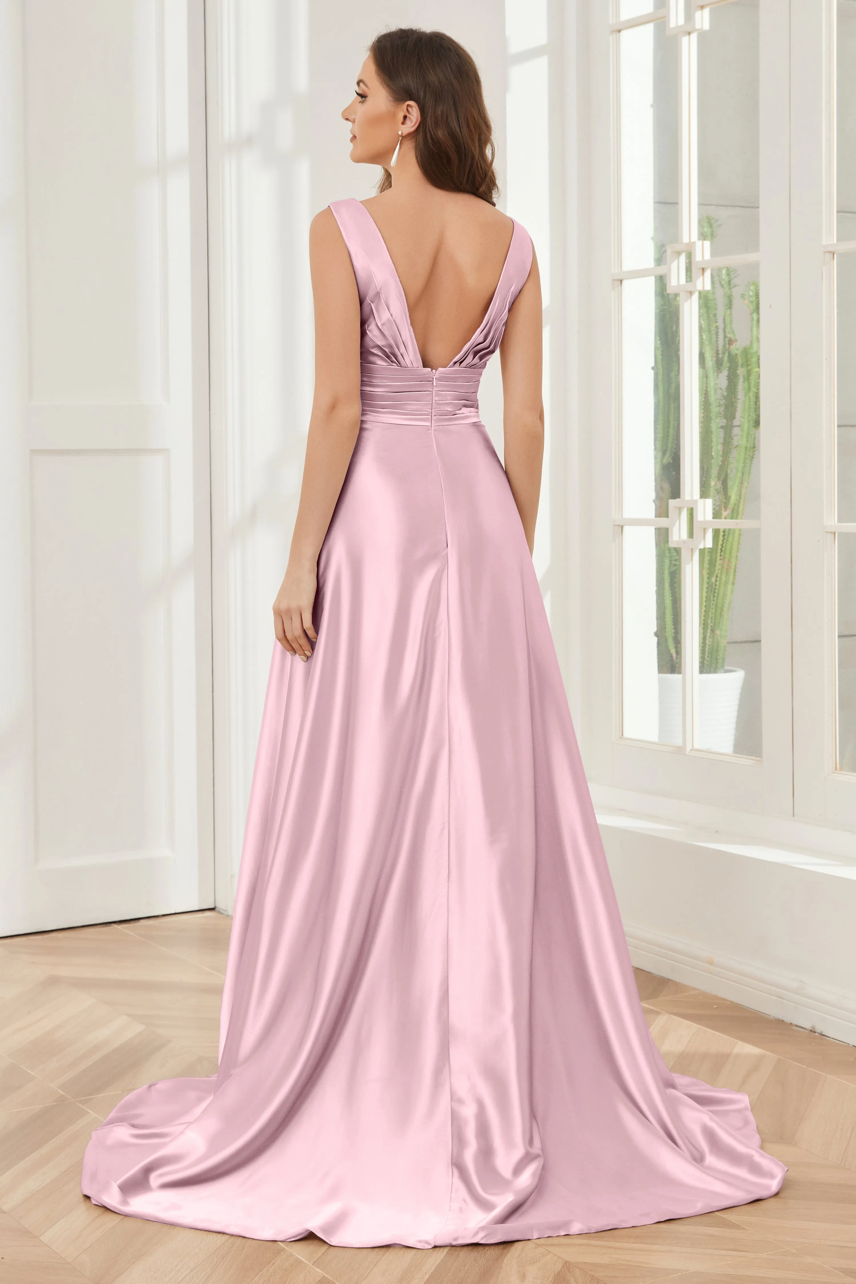 A-line V-neck Sleeveless Soft Satin Long Bridesmaid Dress