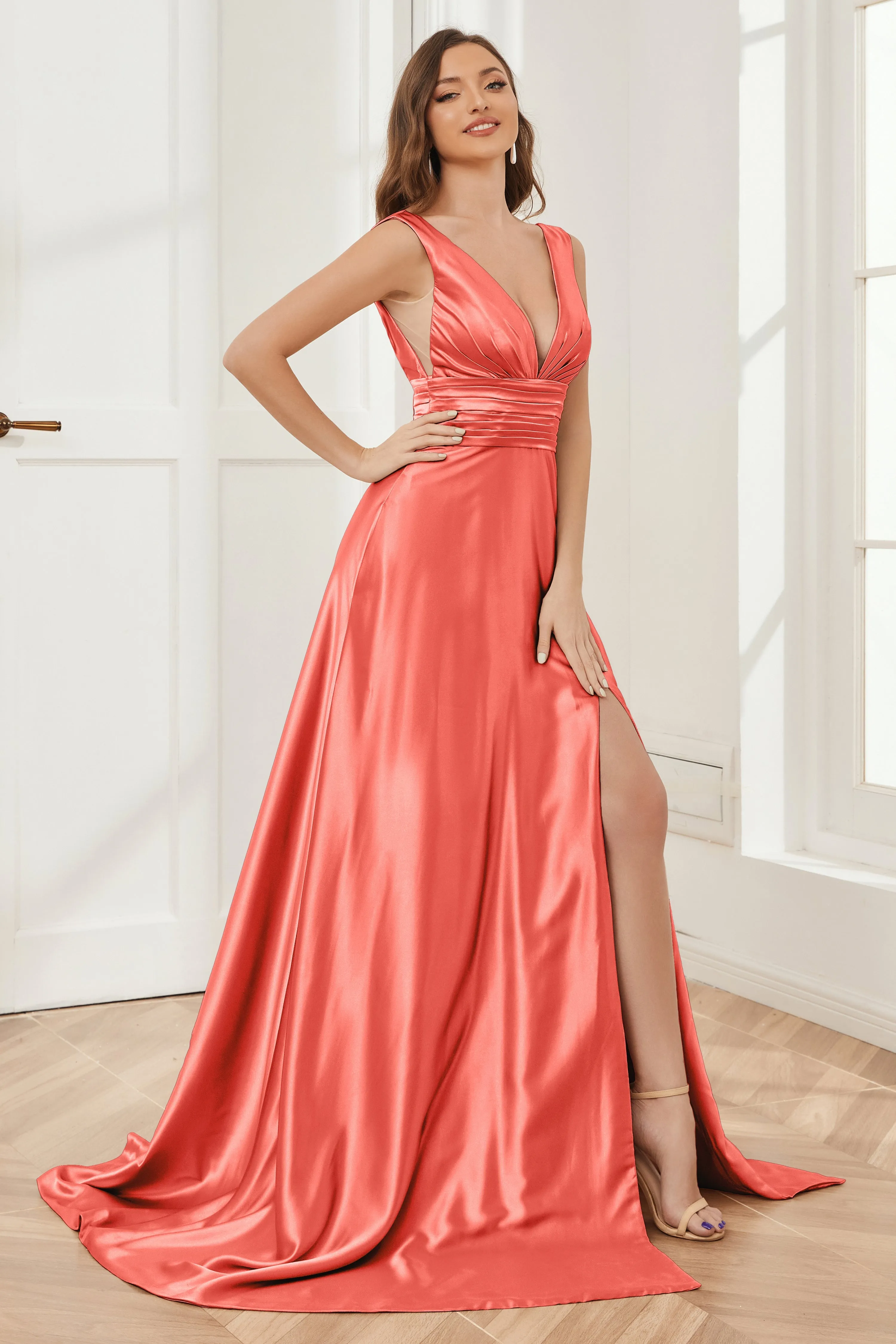 A-line V-neck Sleeveless Soft Satin Long Bridesmaid Dress