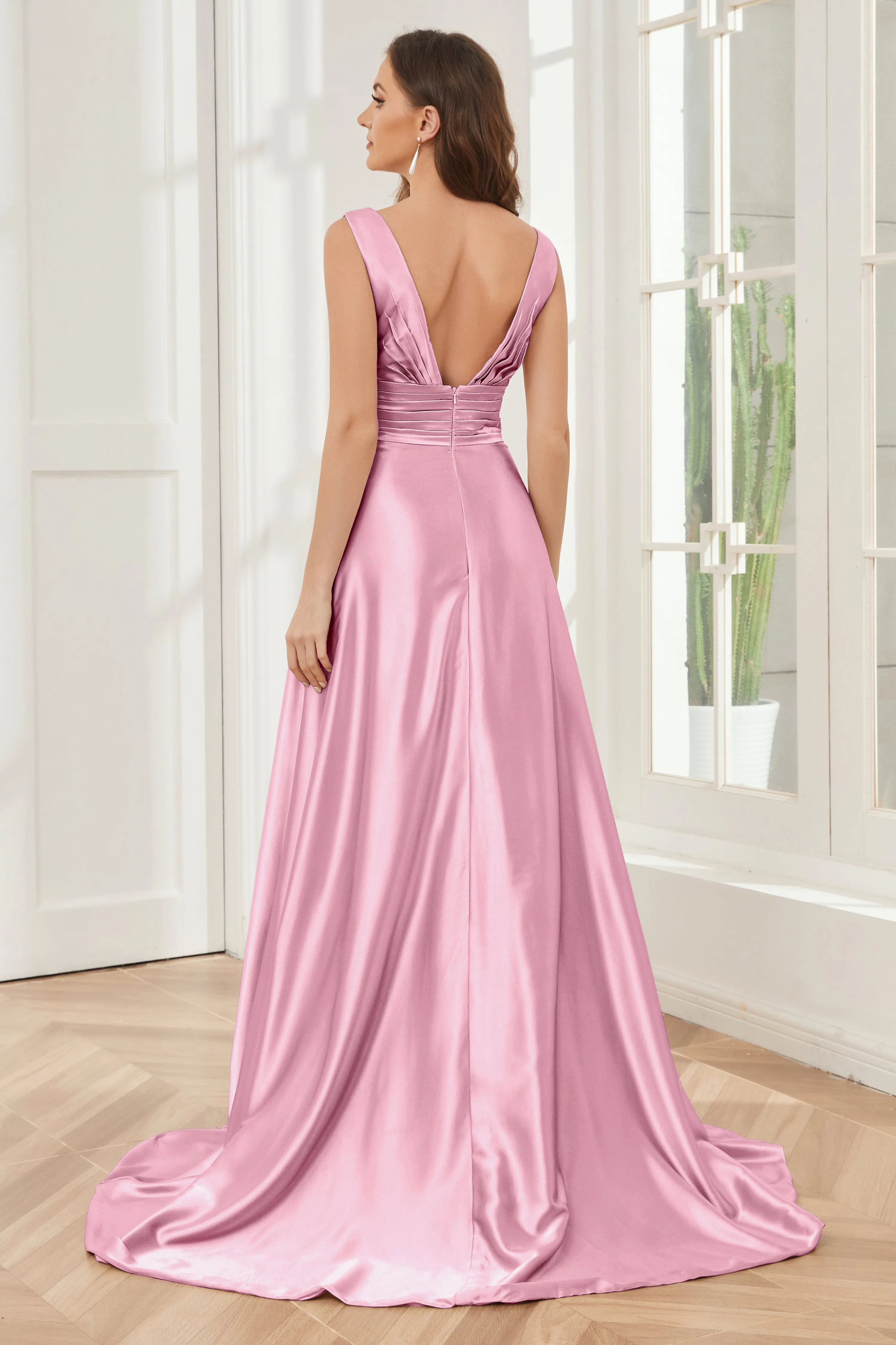 A-line V-neck Sleeveless Soft Satin Long Bridesmaid Dress