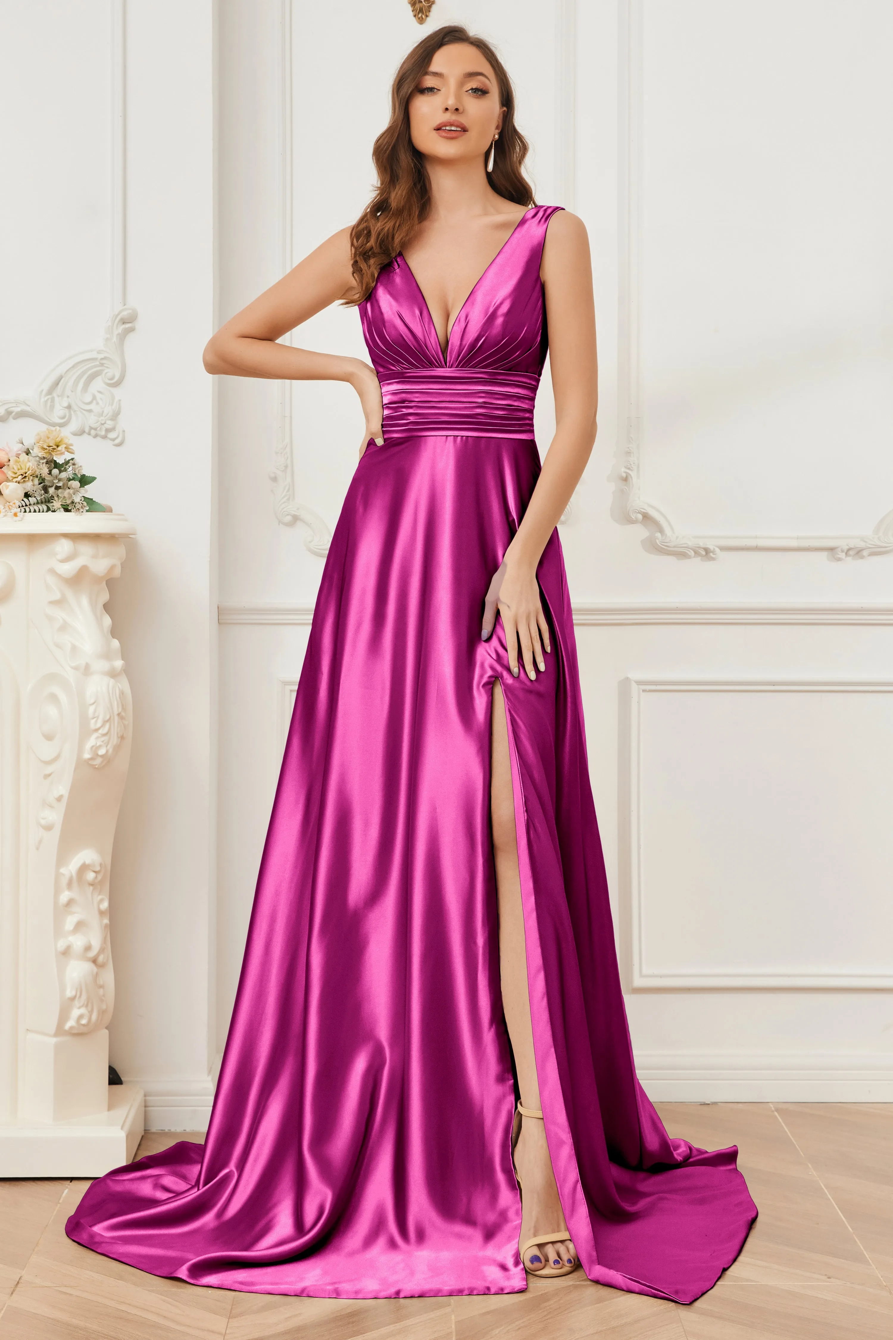 A-line V-neck Sleeveless Soft Satin Long Bridesmaid Dress