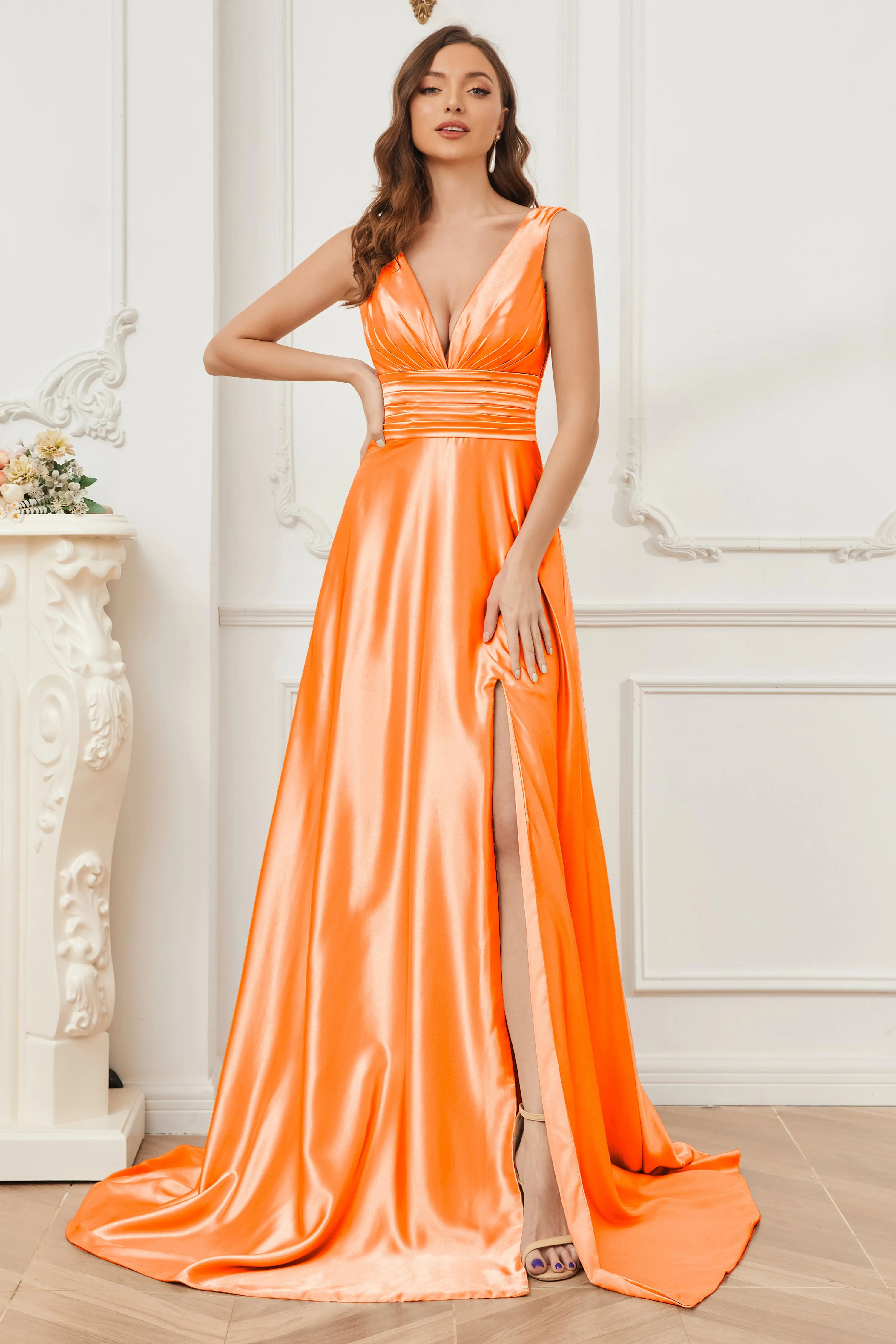 A-line V-neck Sleeveless Soft Satin Long Bridesmaid Dress