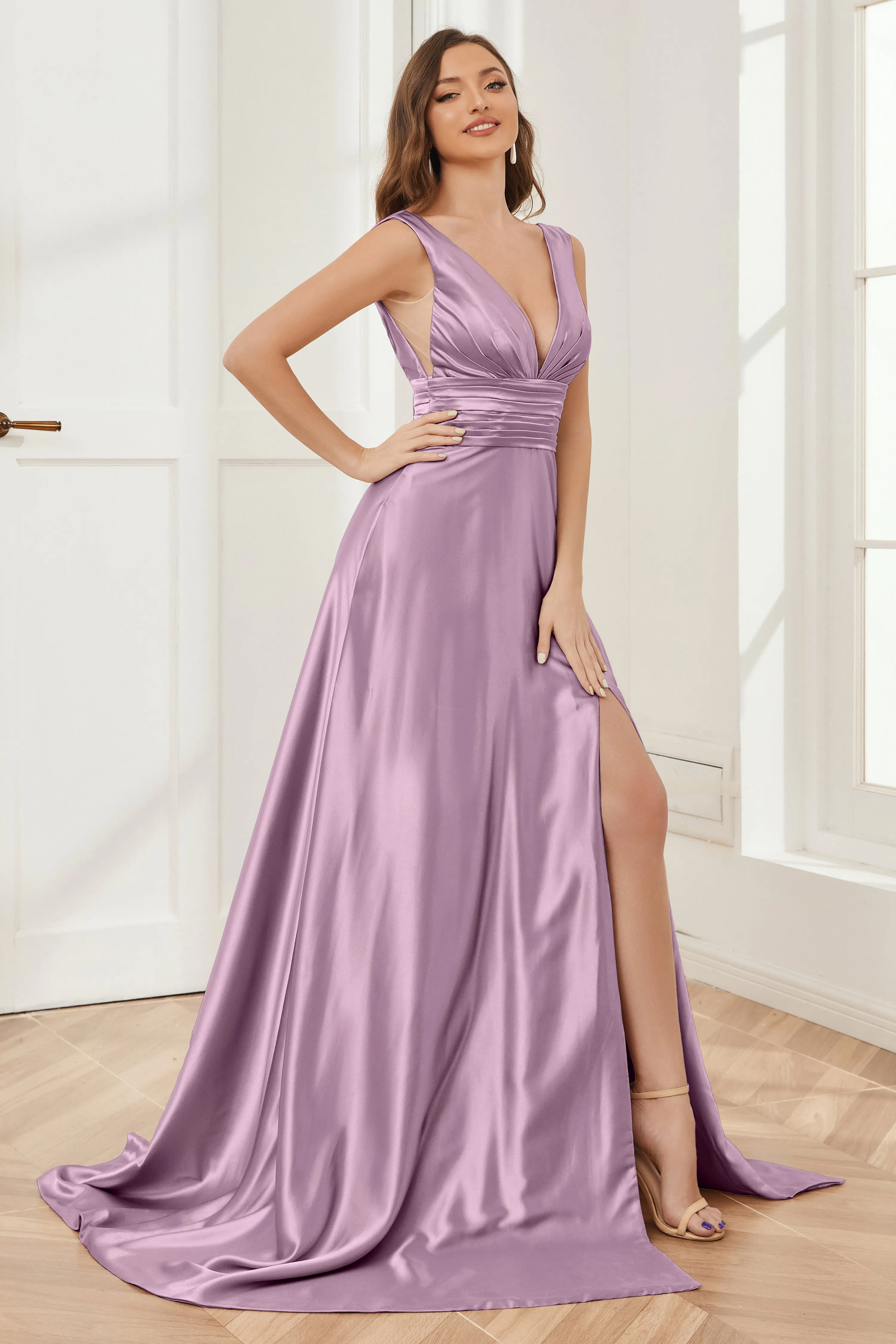 A-line V-neck Sleeveless Soft Satin Long Bridesmaid Dress