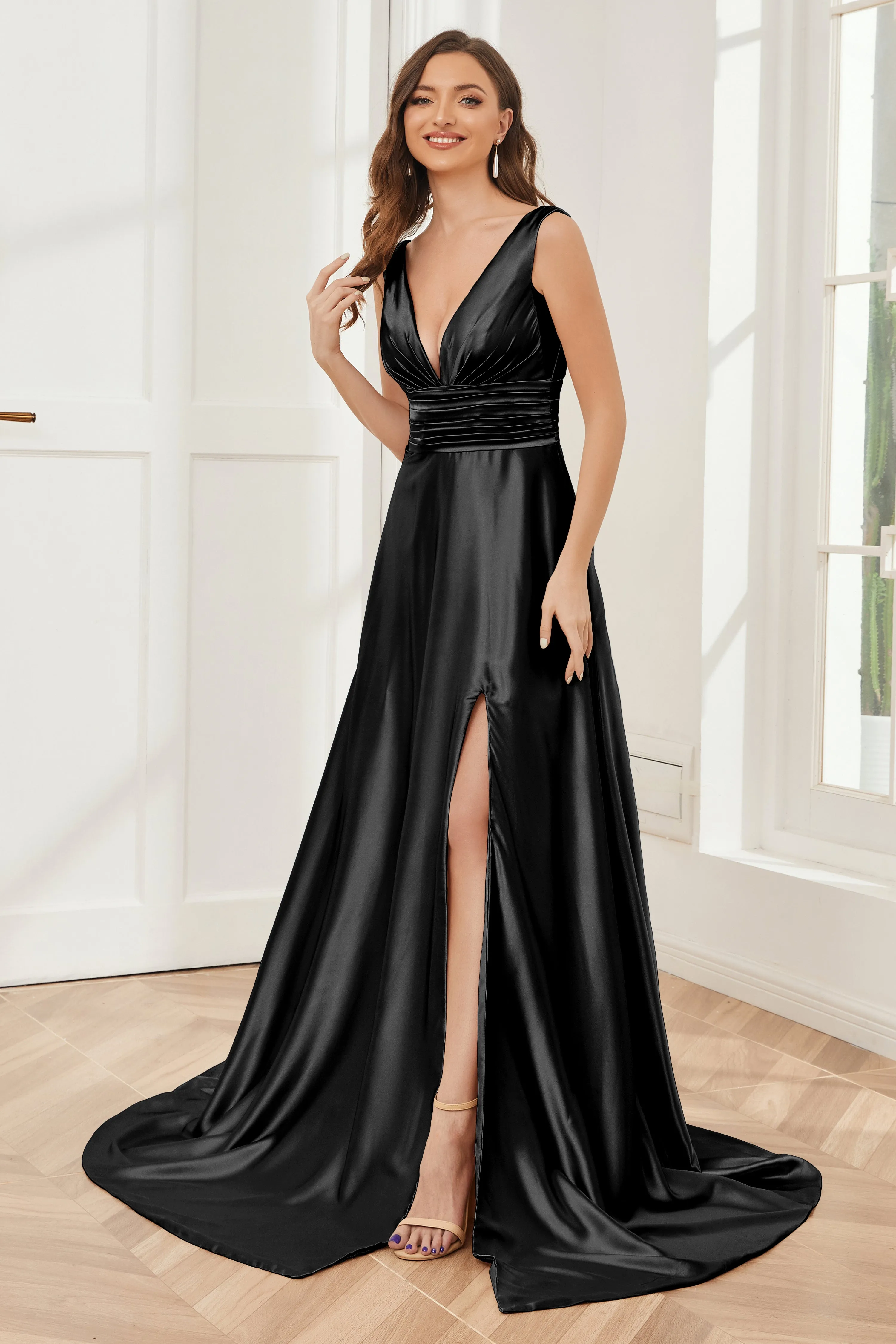 A-line V-neck Sleeveless Soft Satin Long Bridesmaid Dress
