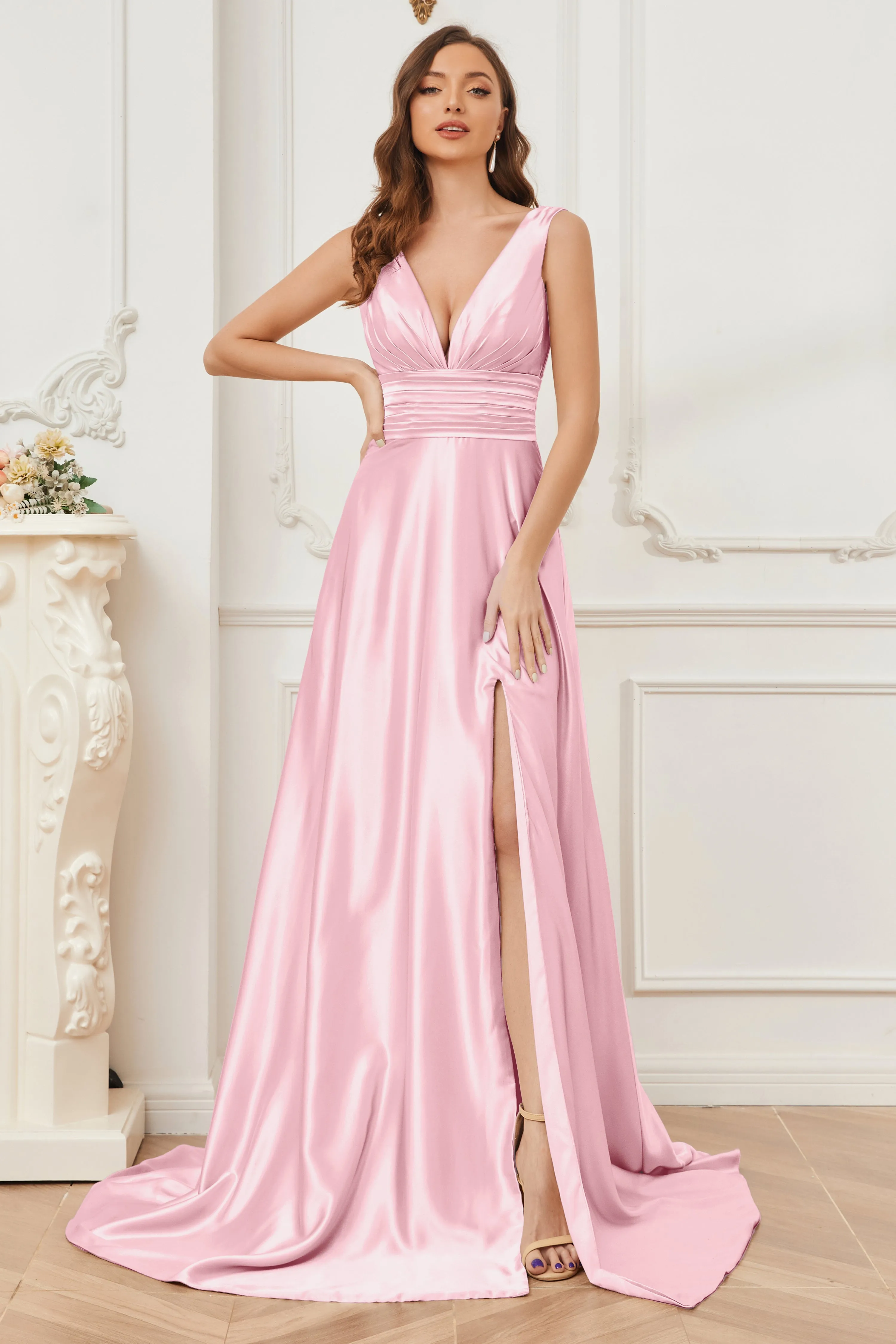 A-line V-neck Sleeveless Soft Satin Long Bridesmaid Dress