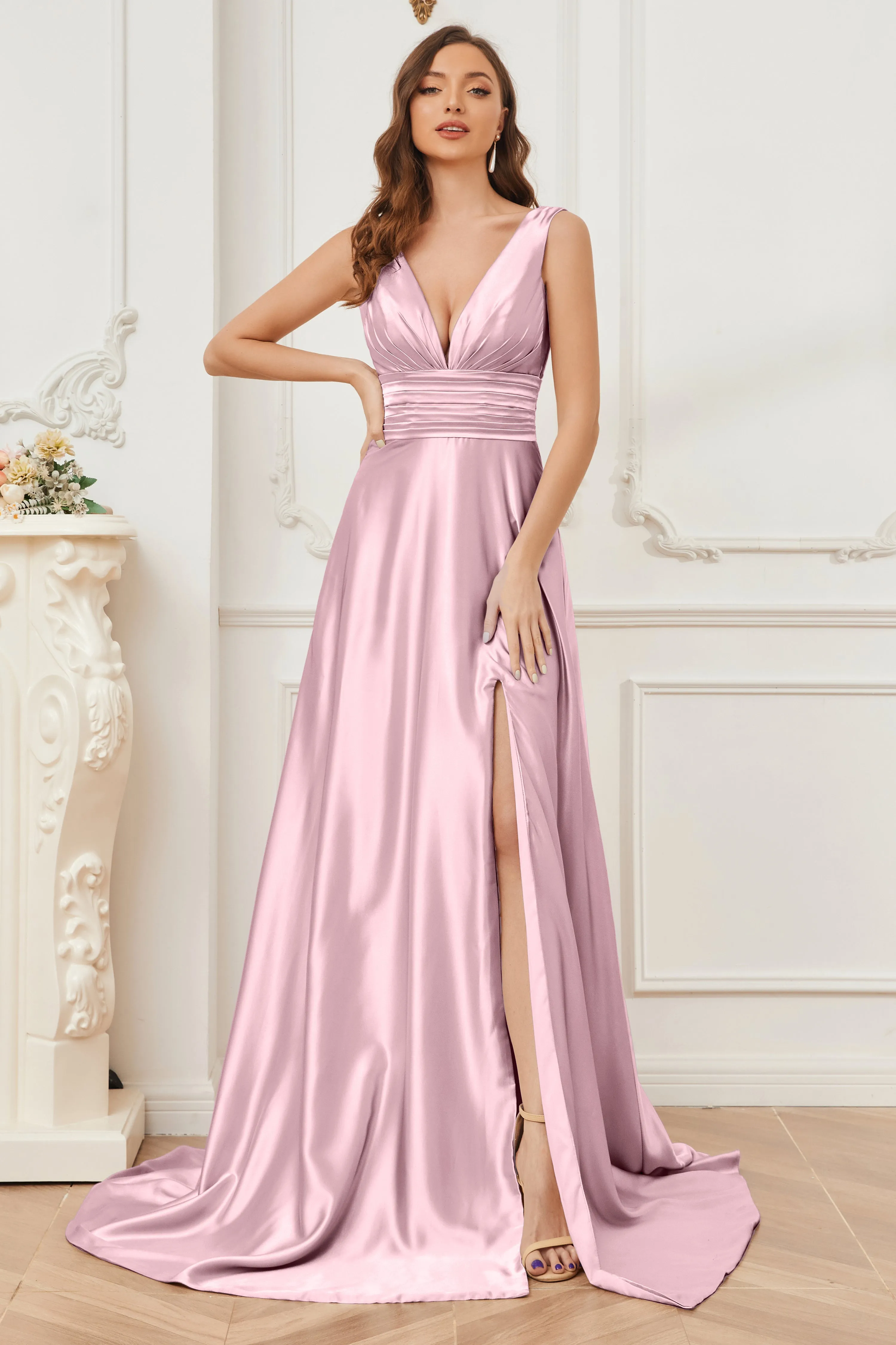 A-line V-neck Sleeveless Soft Satin Long Bridesmaid Dress