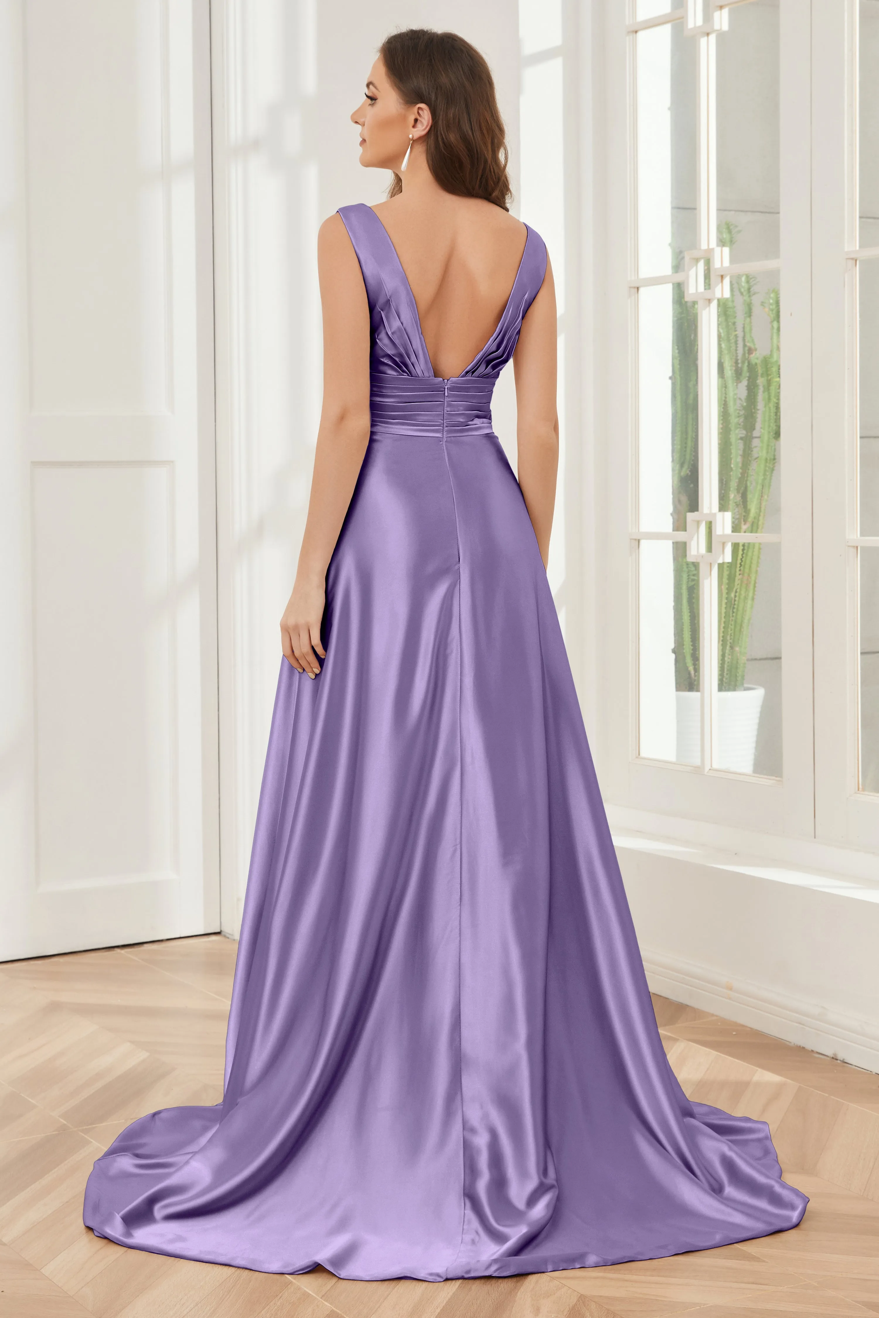 A-line V-neck Sleeveless Soft Satin Long Bridesmaid Dress