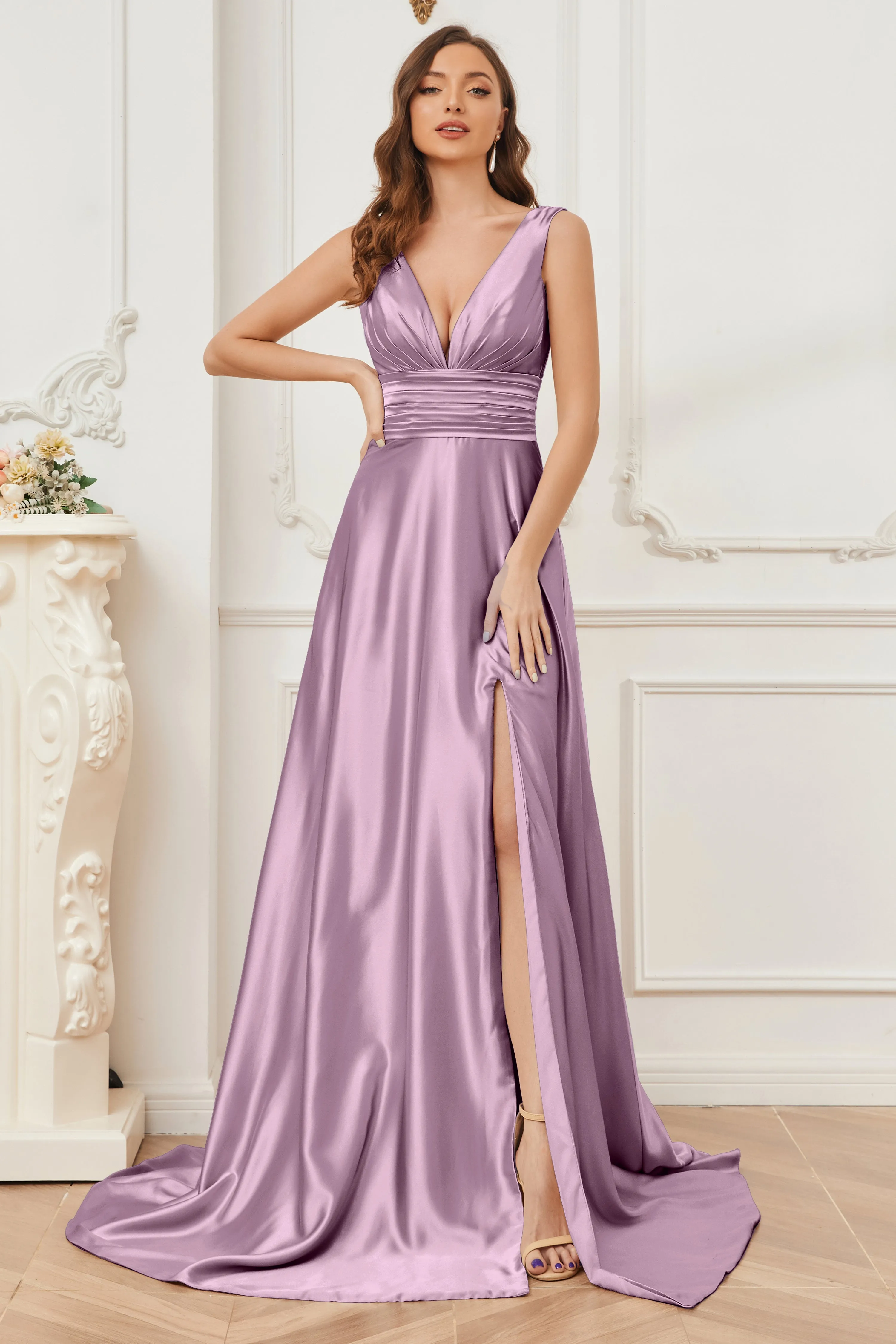 A-line V-neck Sleeveless Soft Satin Long Bridesmaid Dress