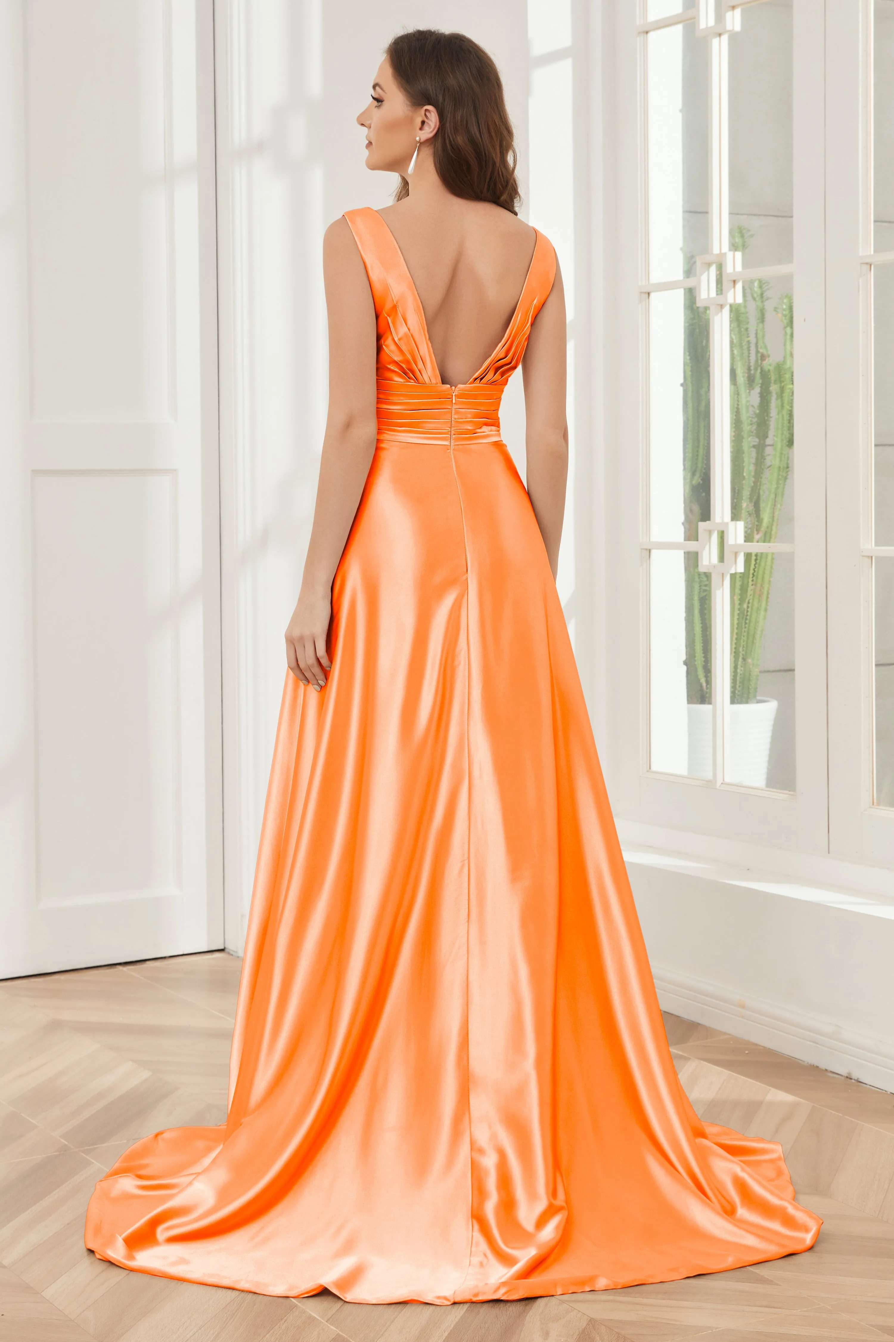 A-line V-neck Sleeveless Soft Satin Long Bridesmaid Dress