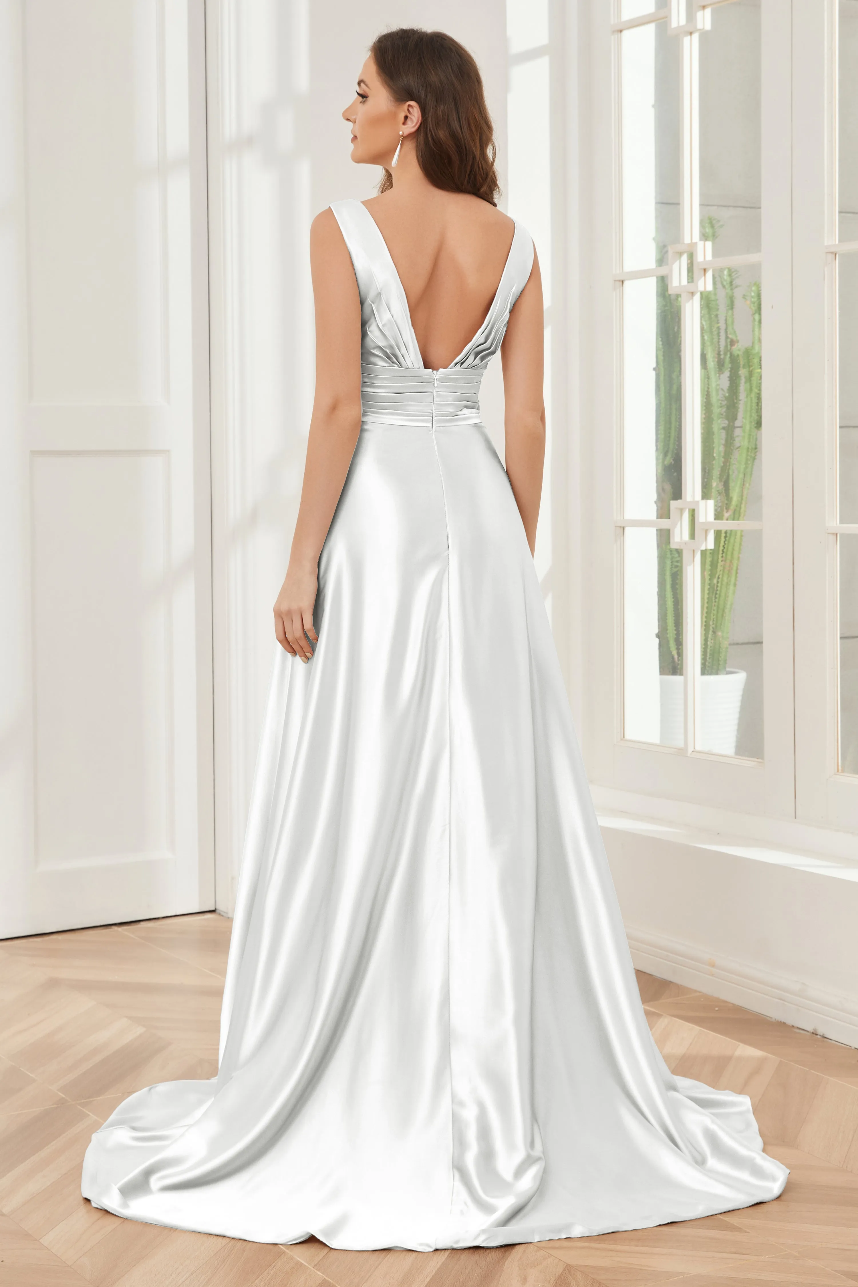 A-line V-neck Sleeveless Soft Satin Long Bridesmaid Dress