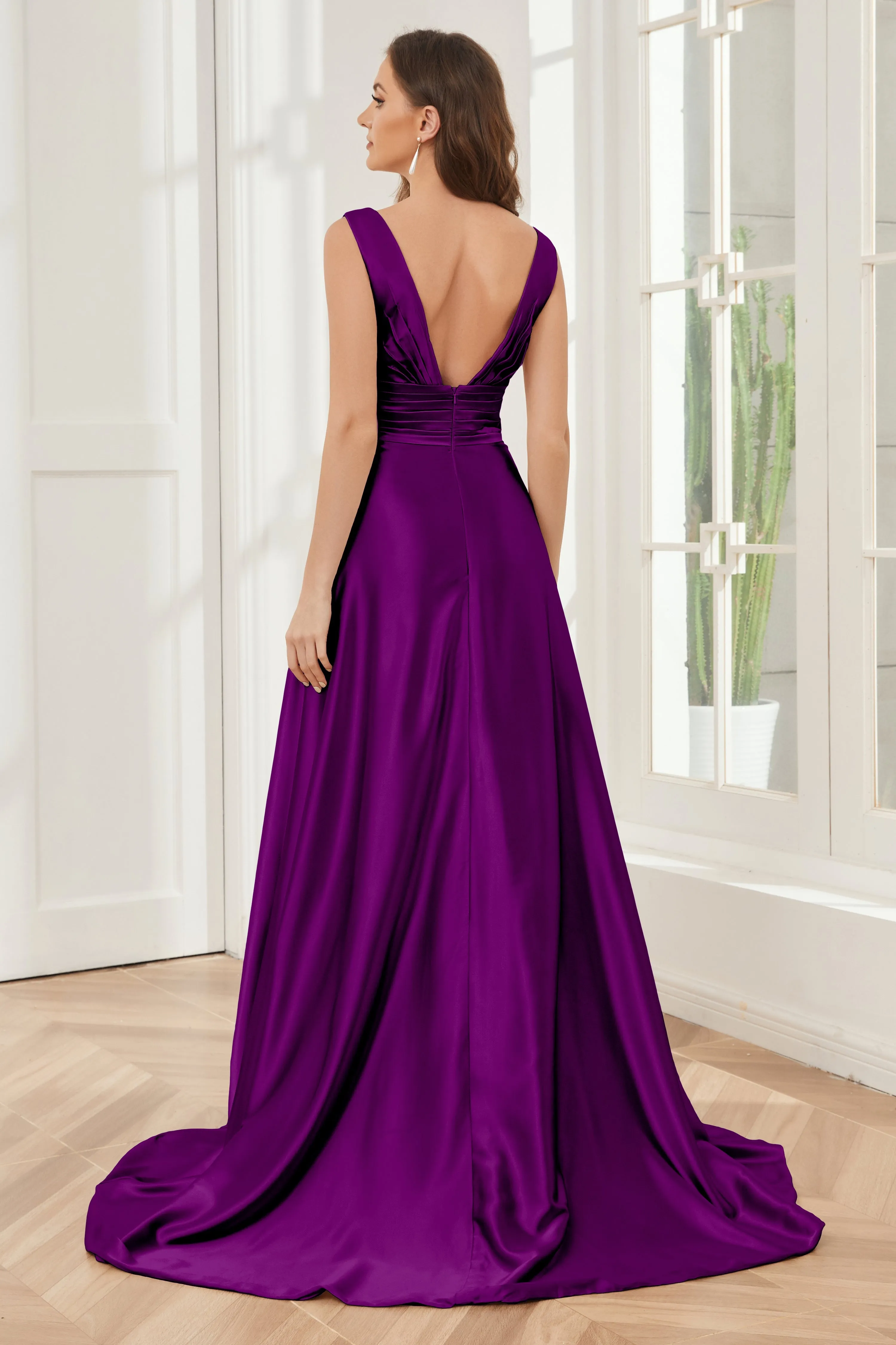 A-line V-neck Sleeveless Soft Satin Long Bridesmaid Dress