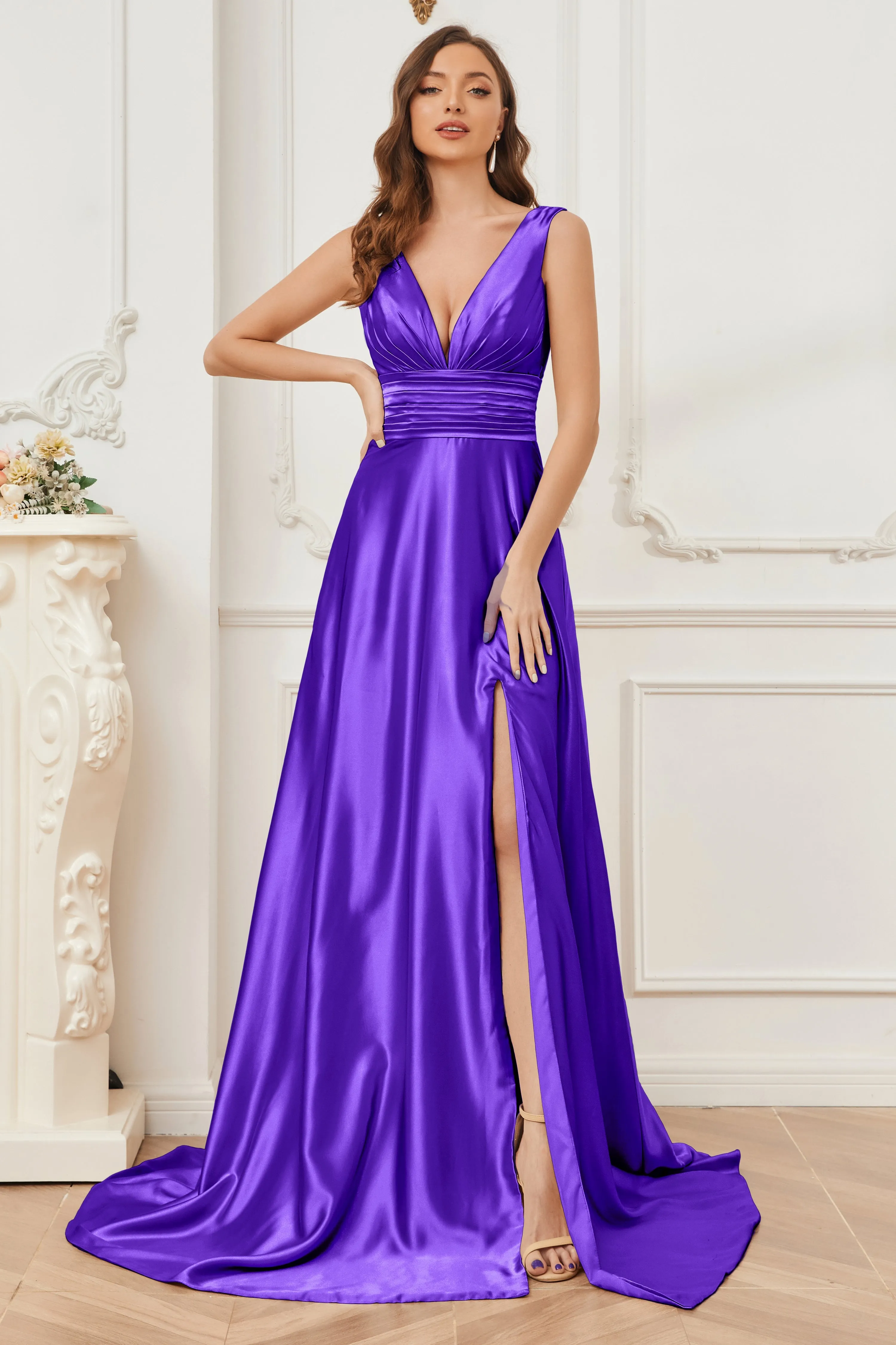 A-line V-neck Sleeveless Soft Satin Long Bridesmaid Dress