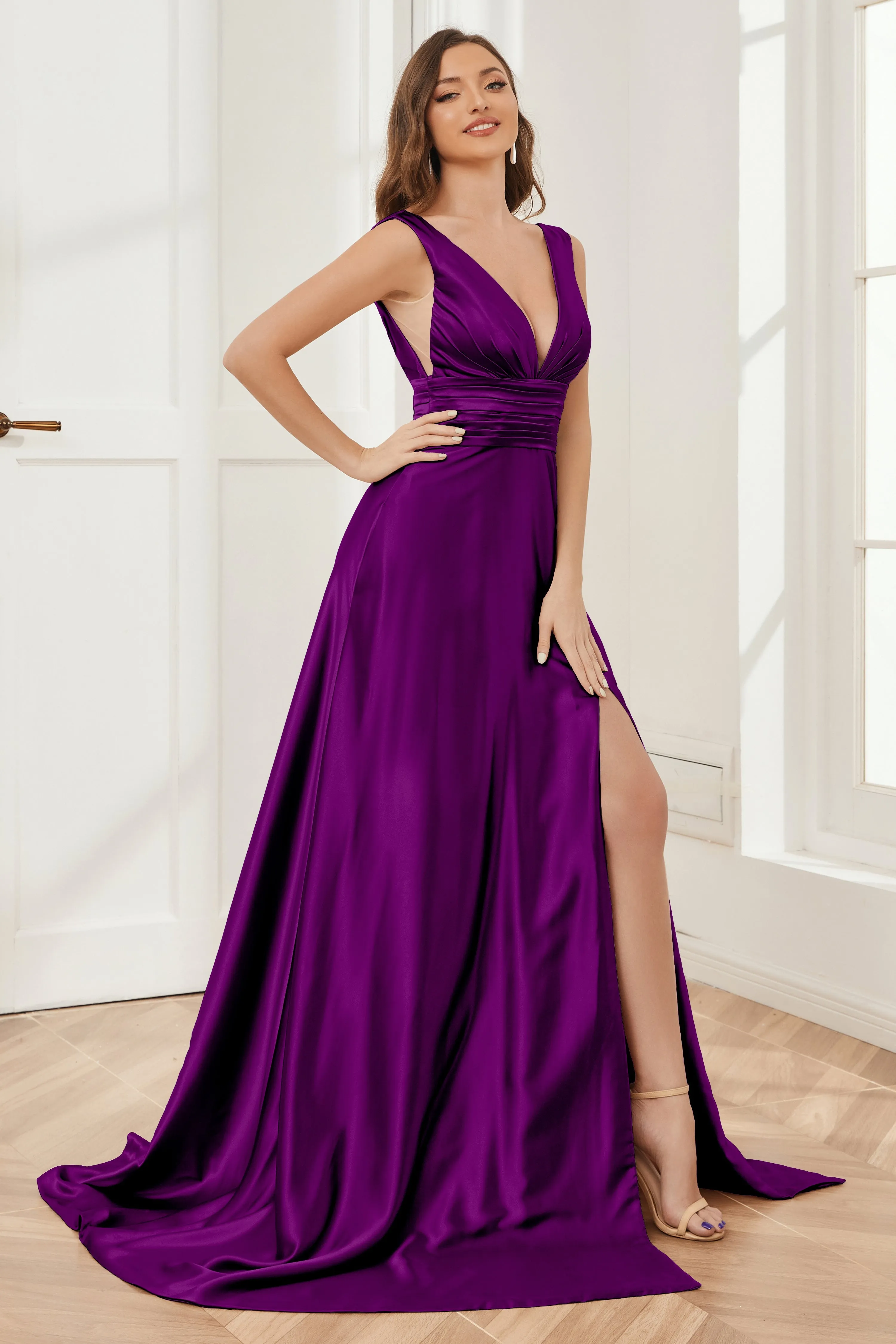 A-line V-neck Sleeveless Soft Satin Long Bridesmaid Dress