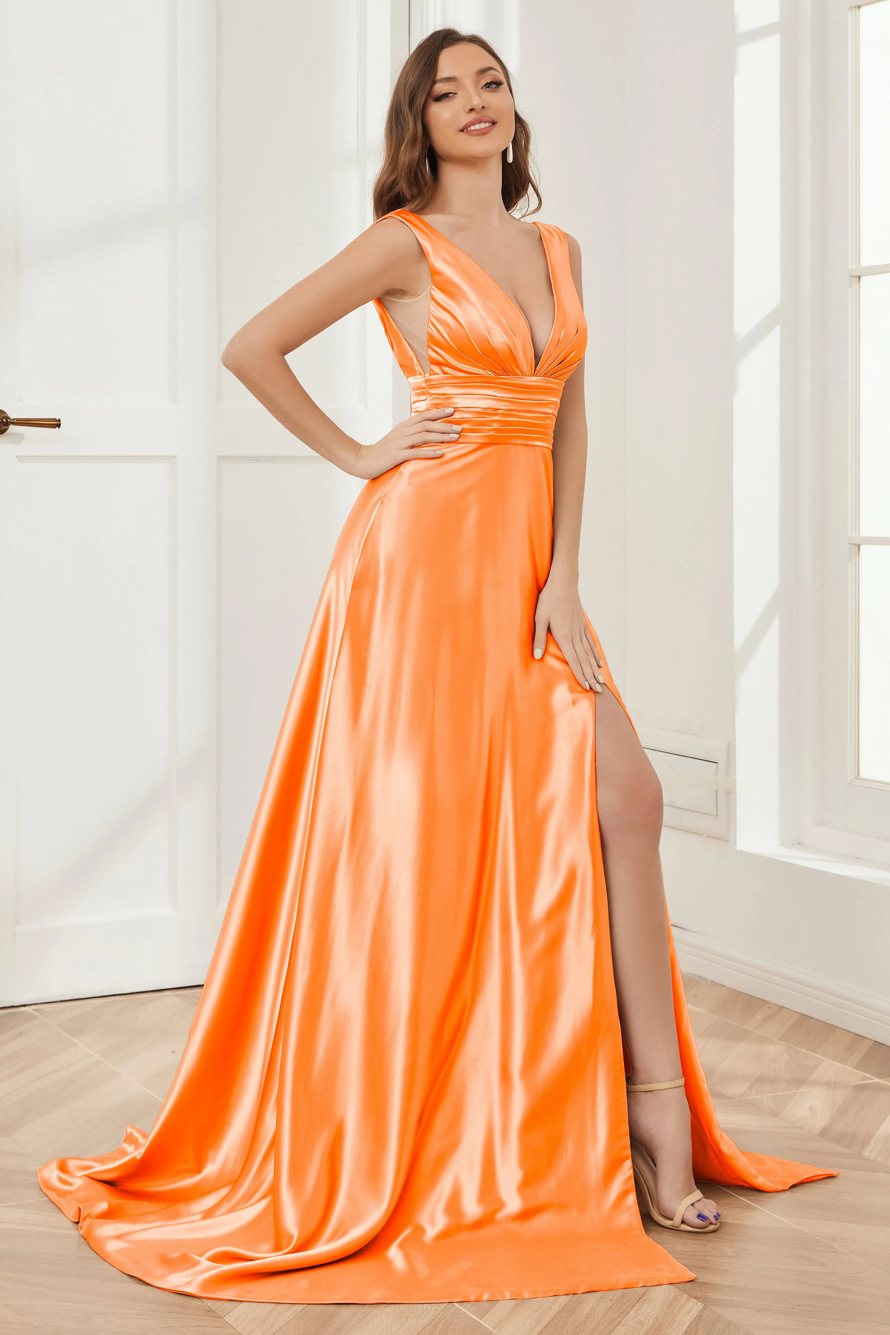A-line V-neck Sleeveless Soft Satin Long Bridesmaid Dress