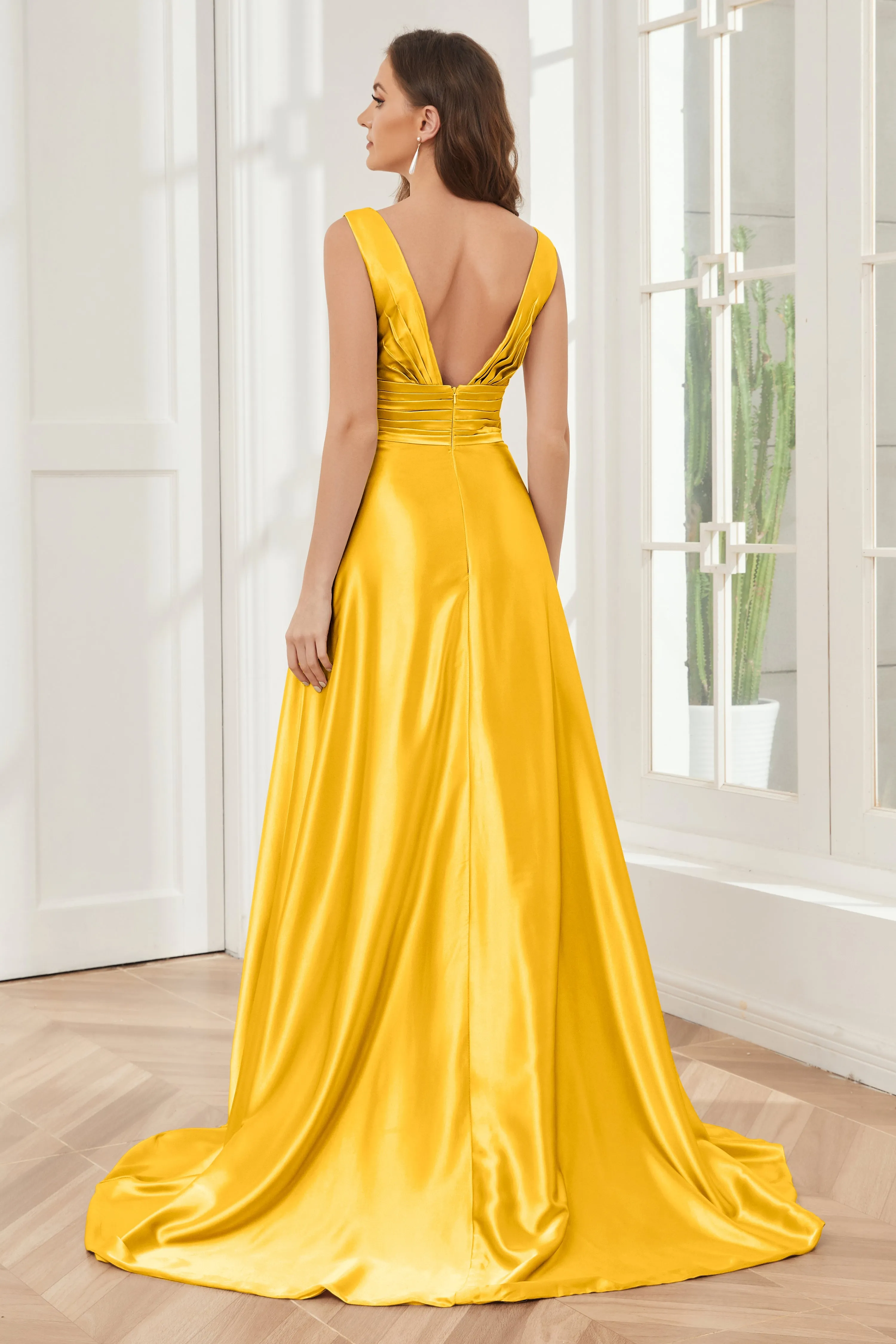 A-line V-neck Sleeveless Soft Satin Long Bridesmaid Dress