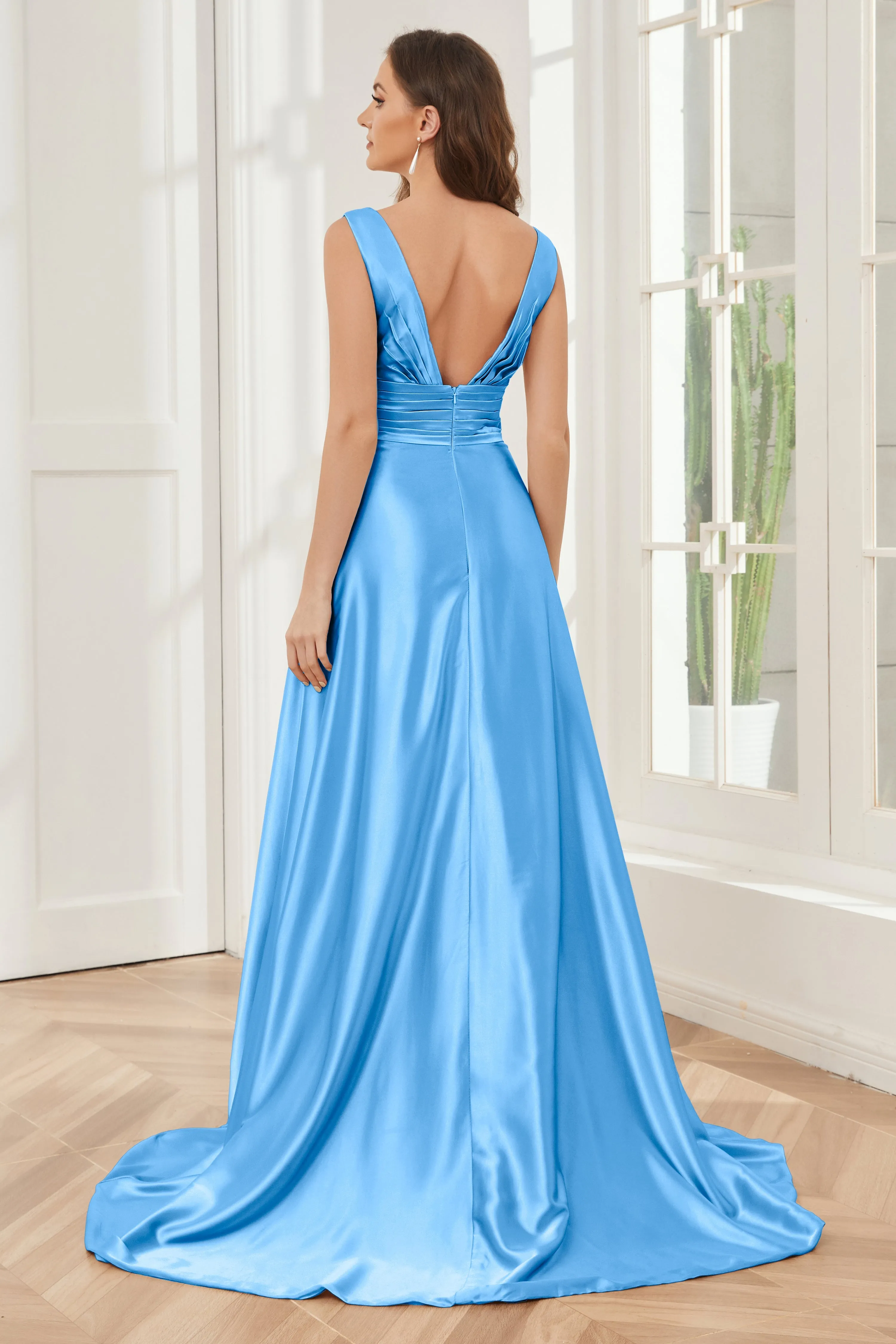 A-line V-neck Sleeveless Soft Satin Long Bridesmaid Dress