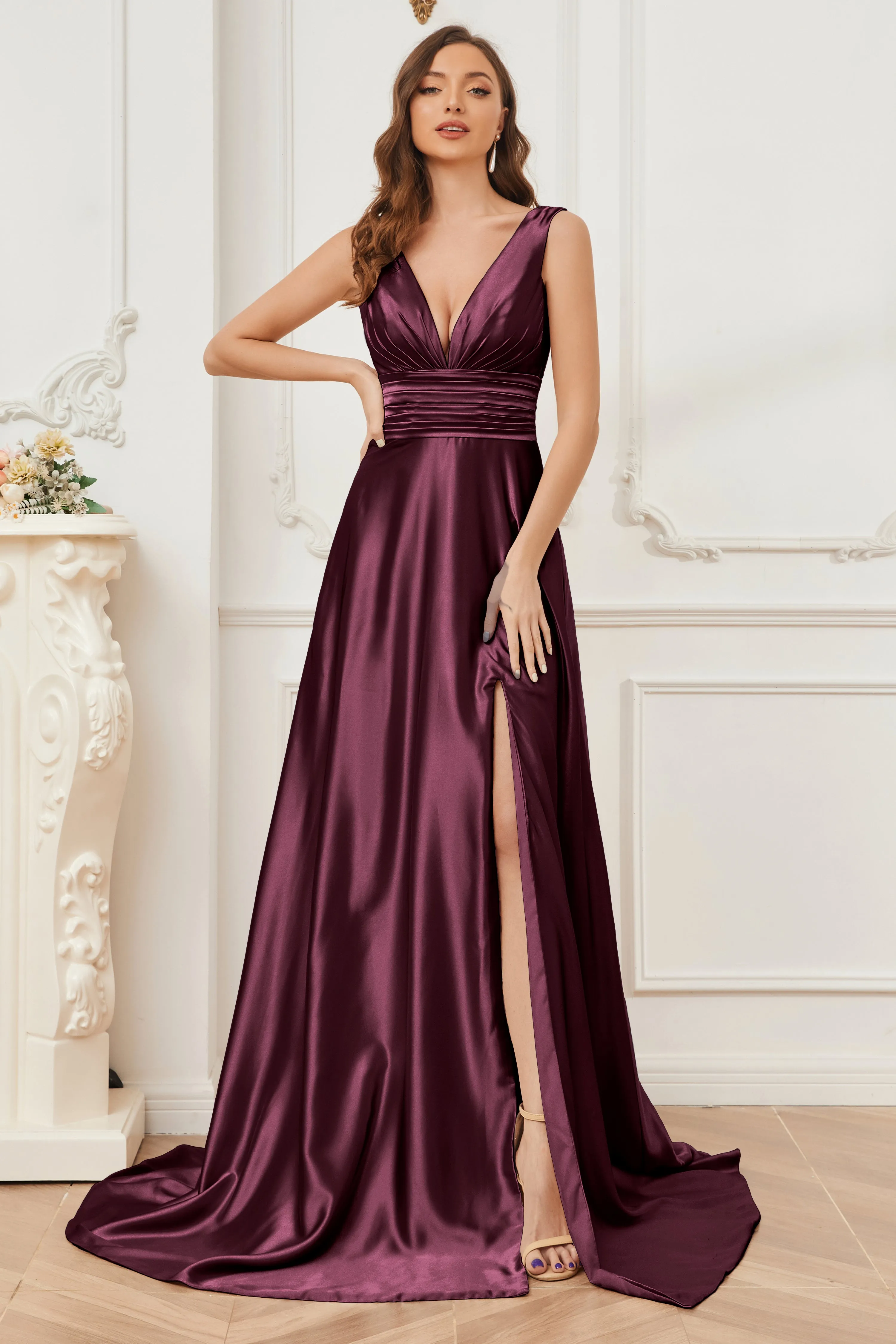 A-line V-neck Sleeveless Soft Satin Long Bridesmaid Dress
